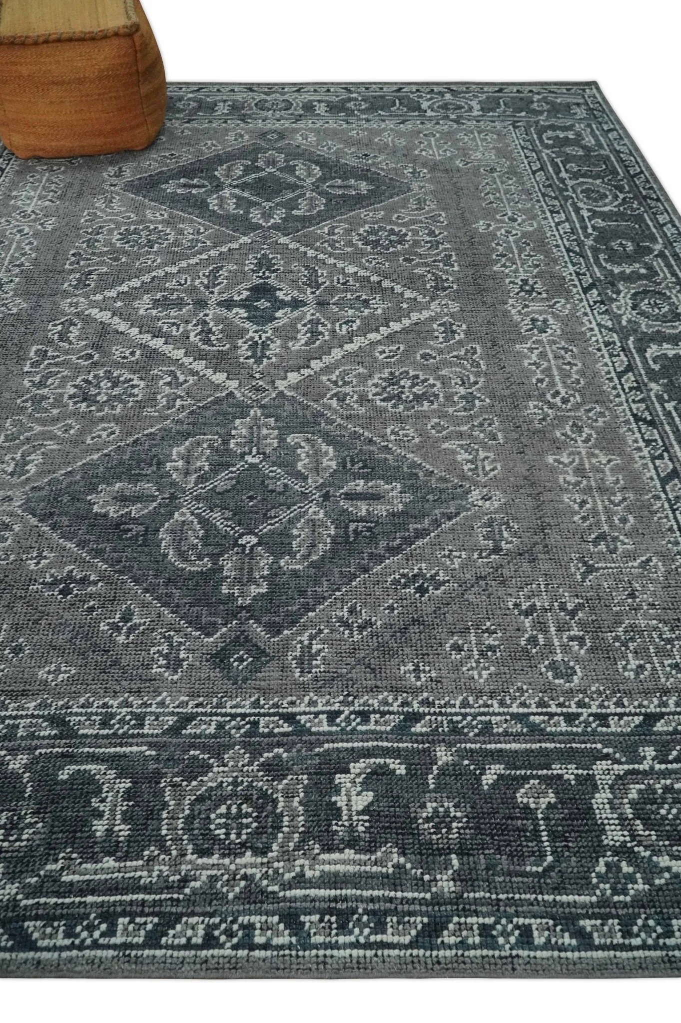 Antique Look Hand Knotted 8x10 Charcoal and Silver Traditional Low Pile Wool Area Rug - Image 3