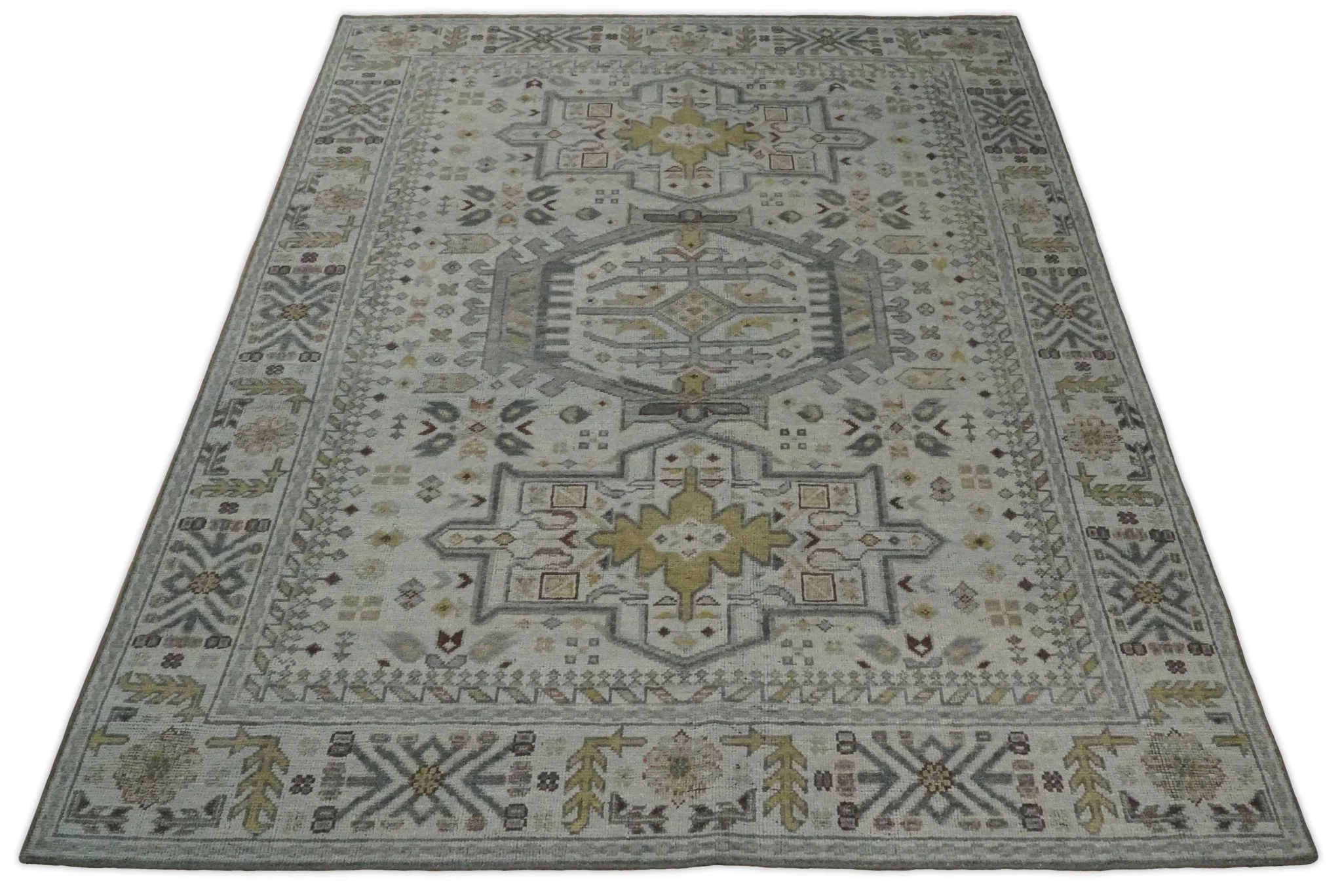 Vintage Distressed Turkish Hand Knotted Serapi Silver, Gray and Olive Traditional Custom Made wool Area Rug - Image 3