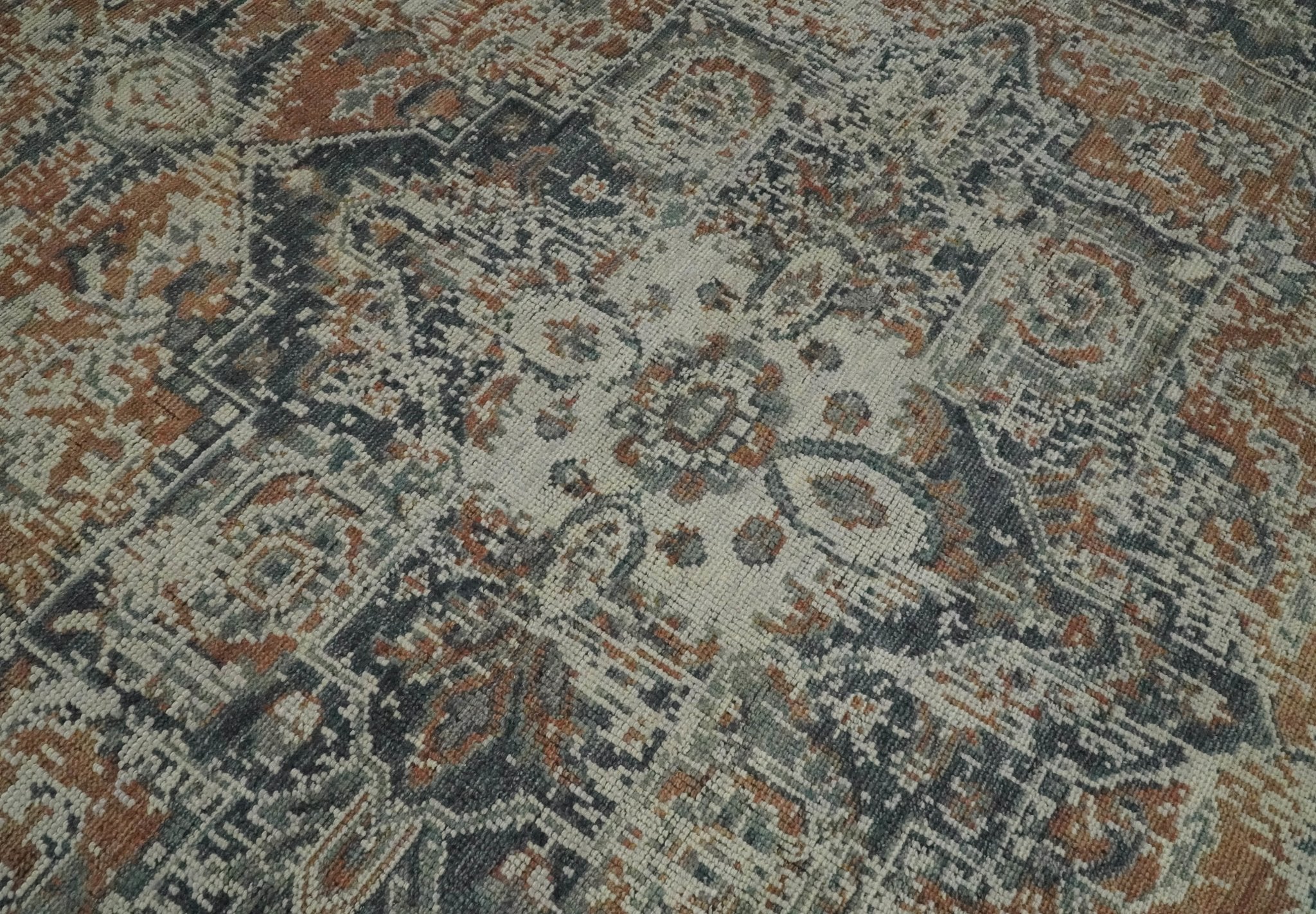 Vintage Distressed Turkish Hand Knotted Serapi Rust, Ivory and Charcoal Traditional Antique Multi Size wool Area Rug - Image 3