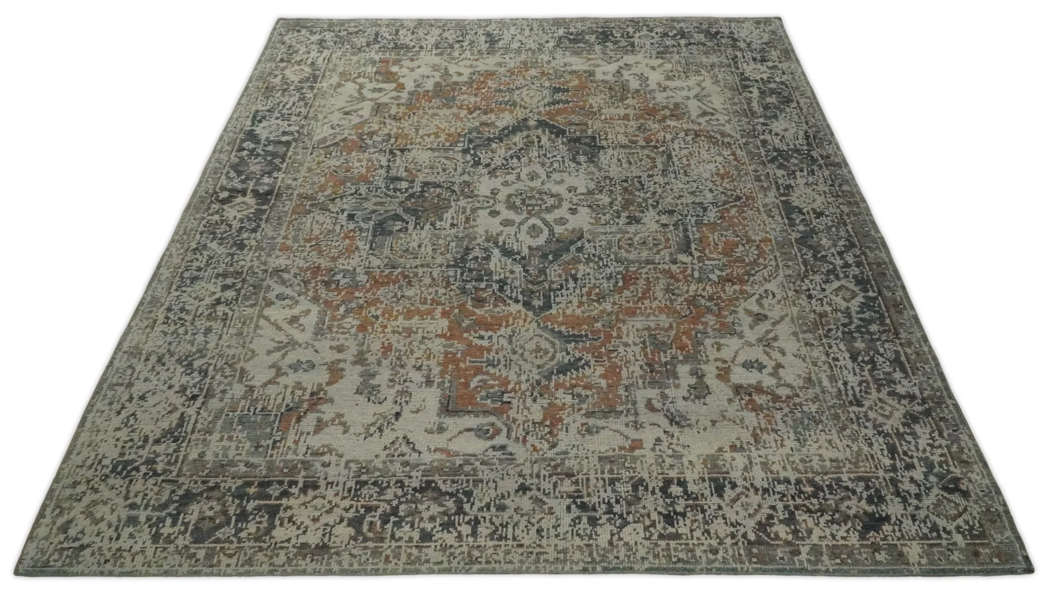 Vintage Distressed Turkish Hand Knotted Serapi Rust, Ivory and Charcoal Traditional Antique Multi Size wool Area Rug - Image 4
