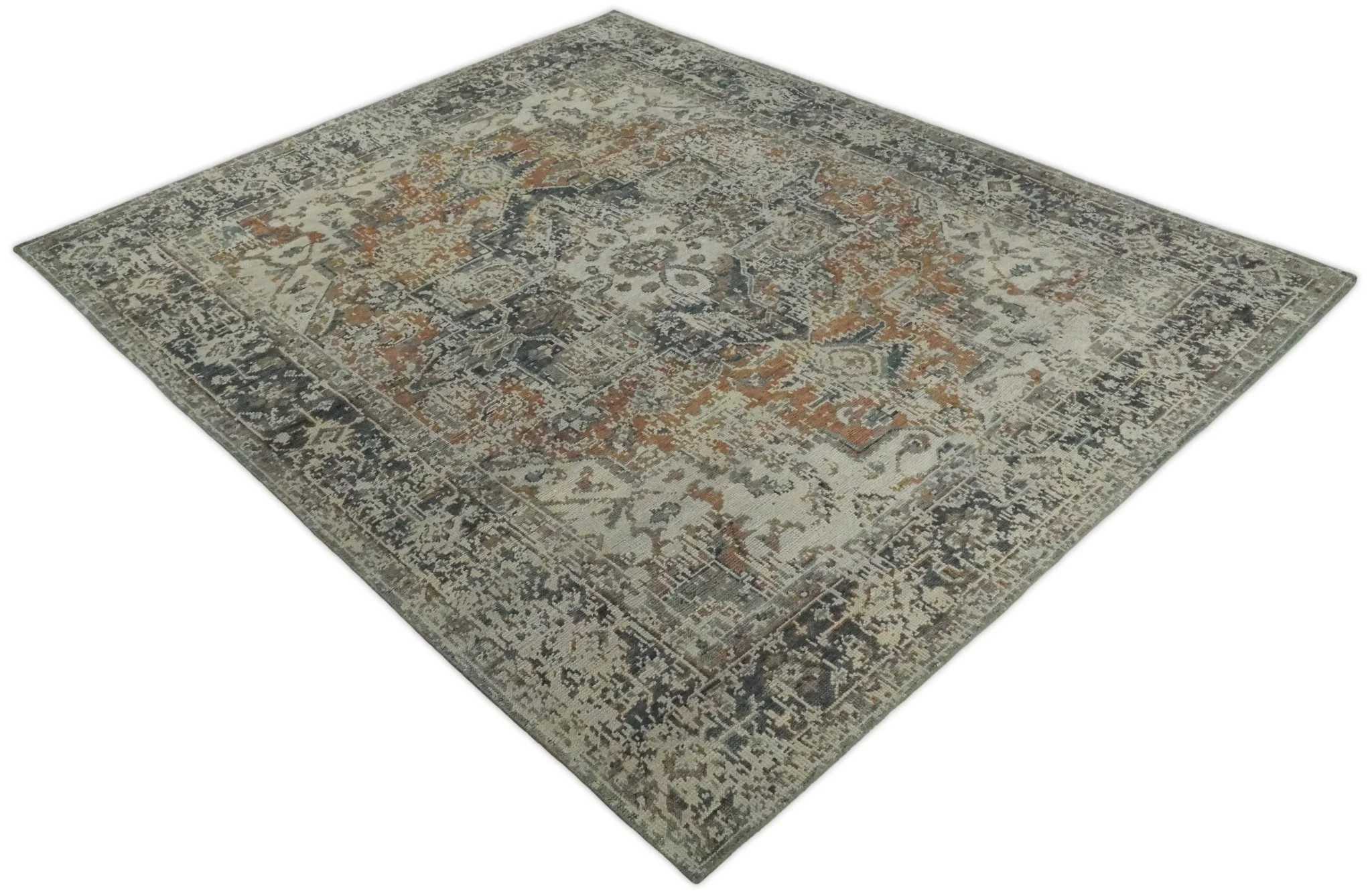 Vintage Distressed Turkish Hand Knotted Serapi Rust, Ivory and Charcoal Traditional Antique Multi Size wool Area Rug - Image 8