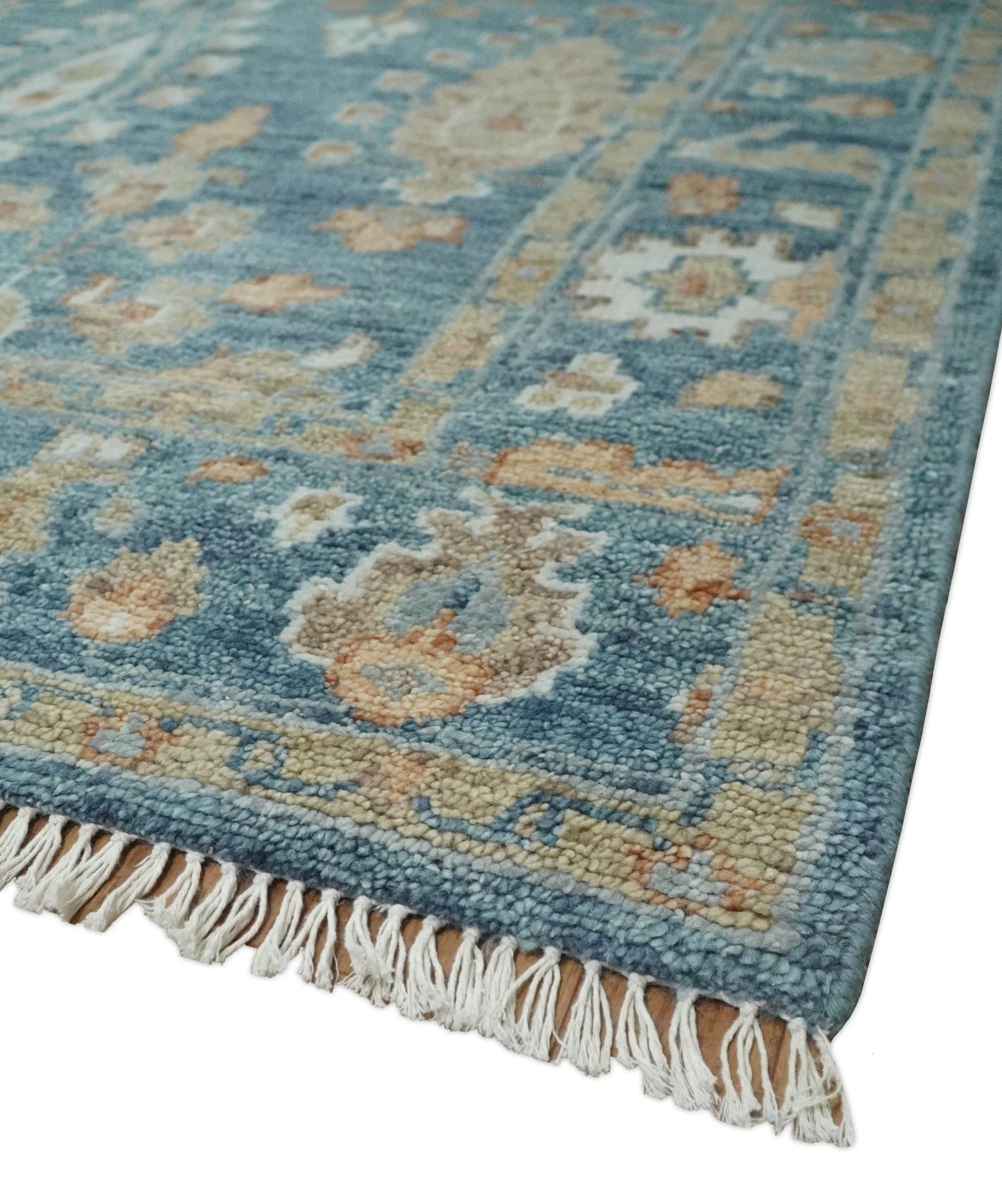 Antique Hand Knotted 8x10 Blue, Beige and Rust Traditional Oushak Wool Rug | TRD2782810S - Image 5