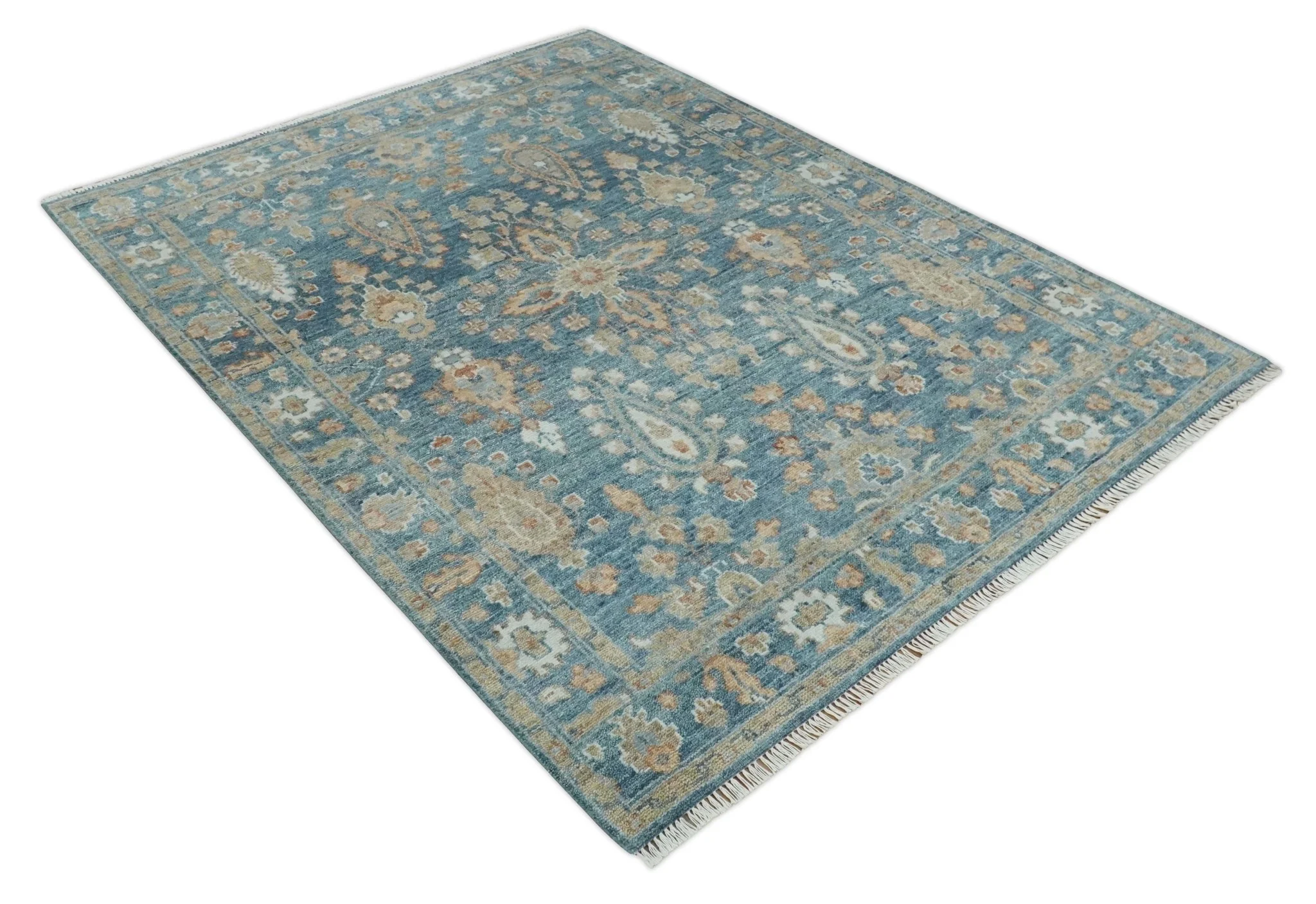 Antique Hand Knotted 8x10 Blue, Beige and Rust Traditional Oushak Wool Rug | TRD2782810S - Image 9