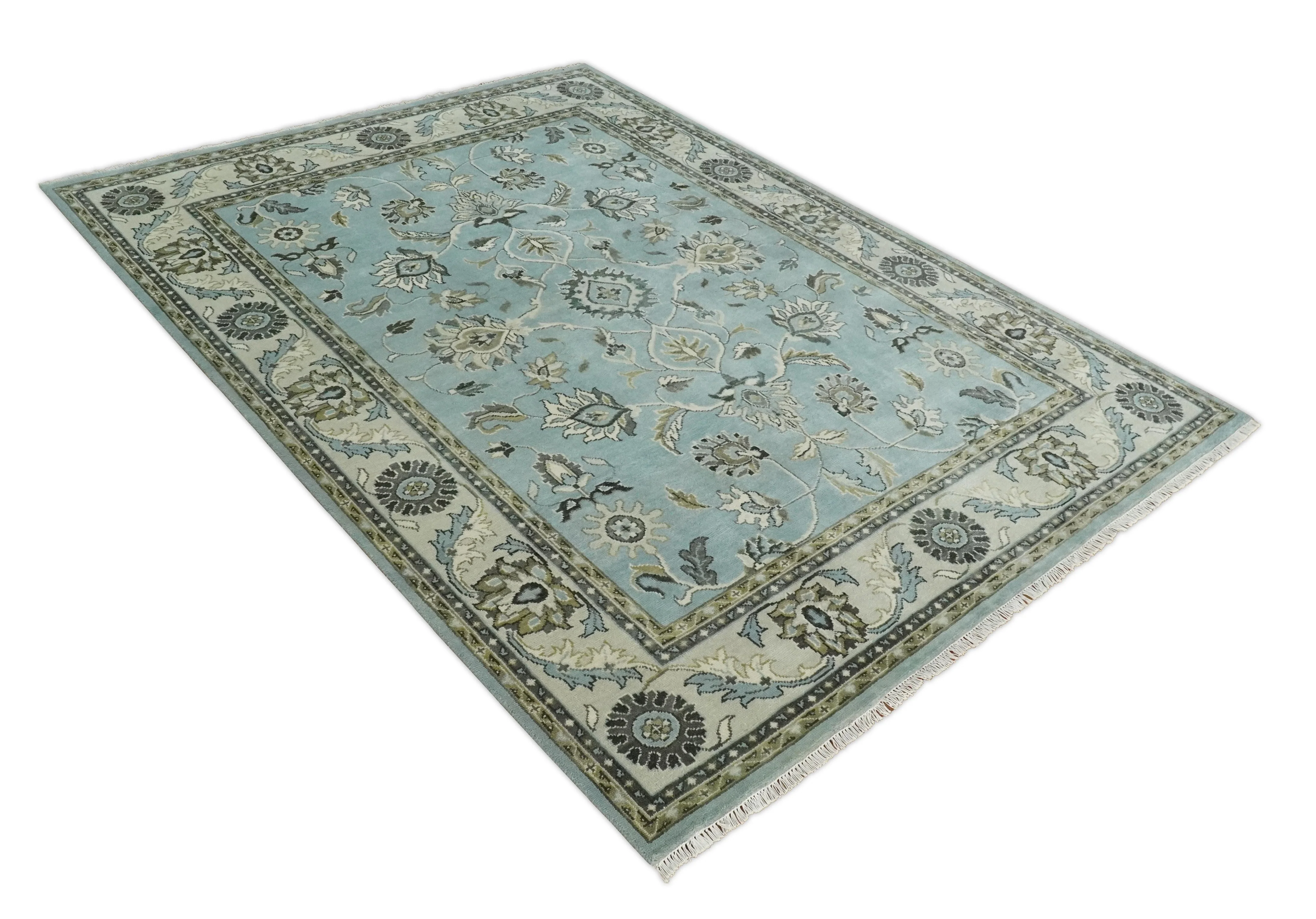 8x10 and 9x12 Antique Hand Knotted Blue and Ivory Traditional Vintage Persian Oushak Wool Rug | TRDCP998912 - Image 10