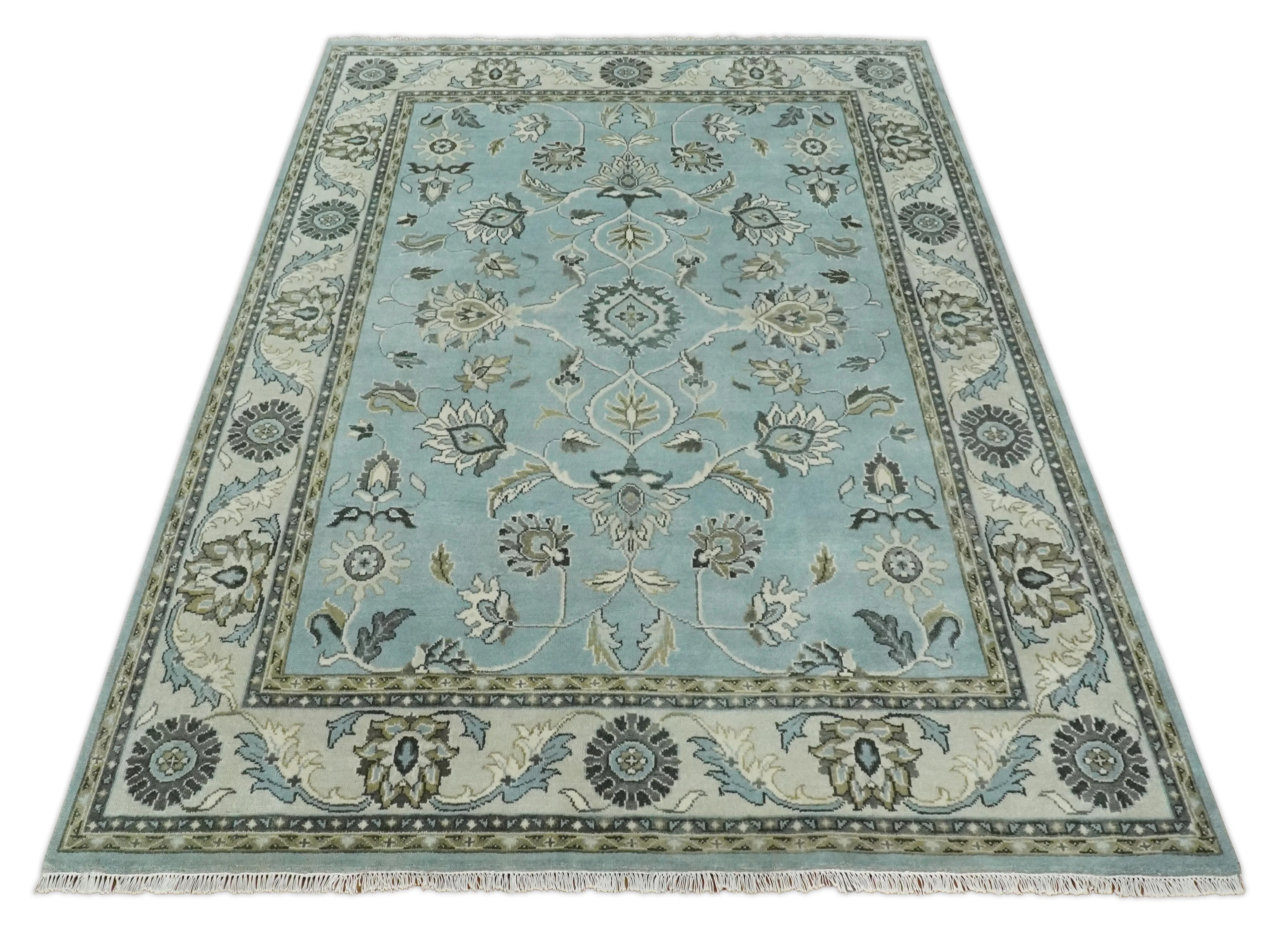 8x10 and 9x12 Antique Hand Knotted Blue and Ivory Traditional Vintage Persian Oushak Wool Rug | TRDCP998912 - Image 11