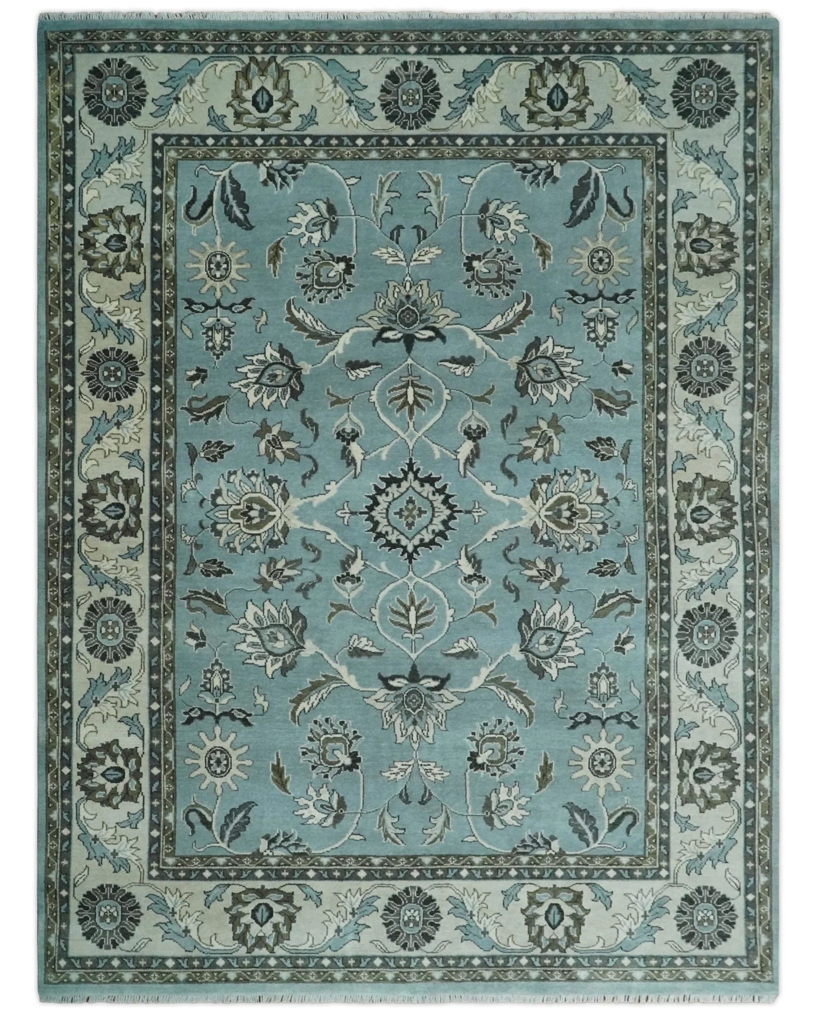 8x10 and 9x12 Antique Hand Knotted Blue and Ivory Traditional Vintage Persian Oushak Wool Rug | TRDCP998912 - Image 12