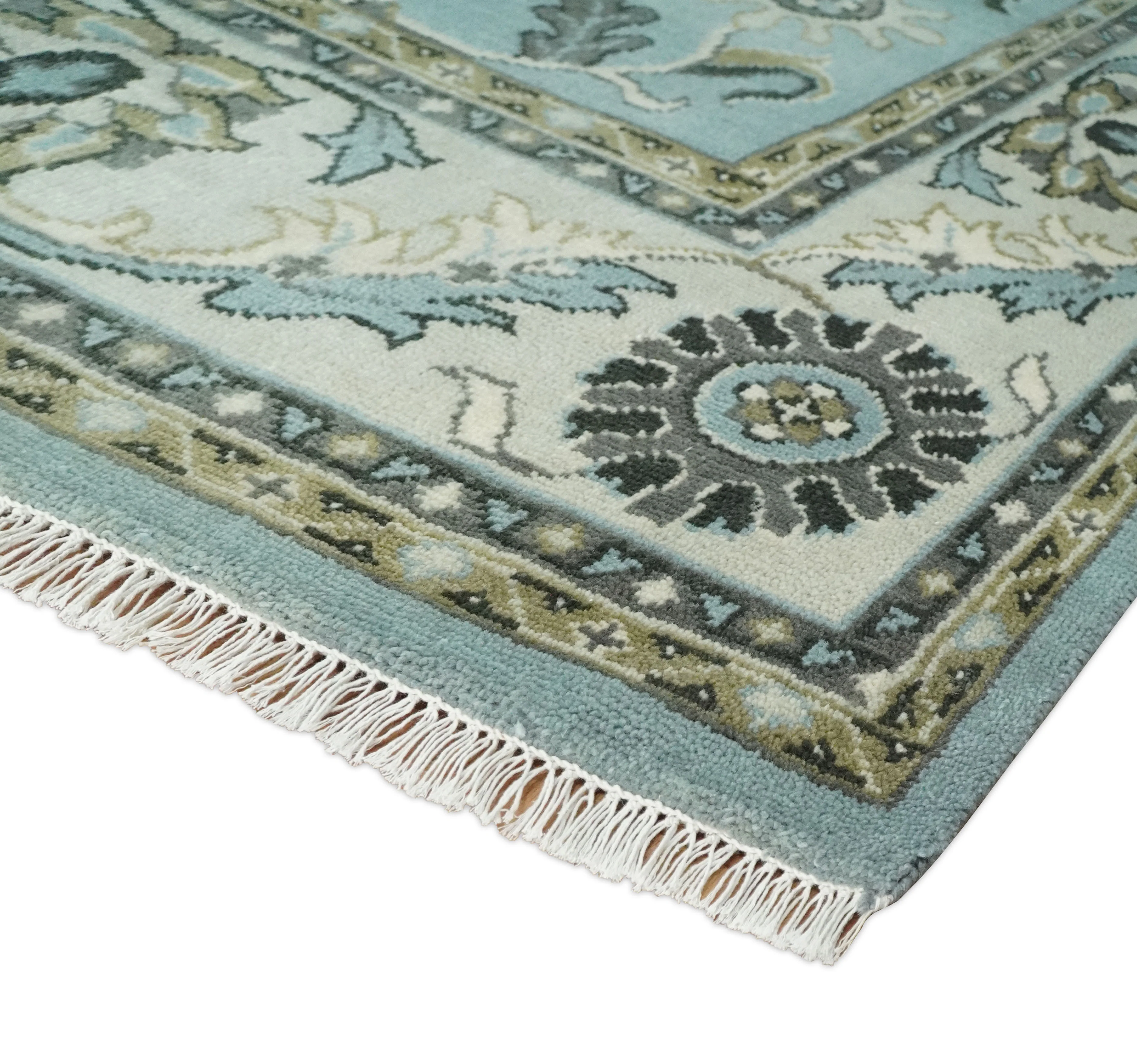 8x10 and 9x12 Antique Hand Knotted Blue and Ivory Traditional Vintage Persian Oushak Wool Rug | TRDCP998912 - Image 3
