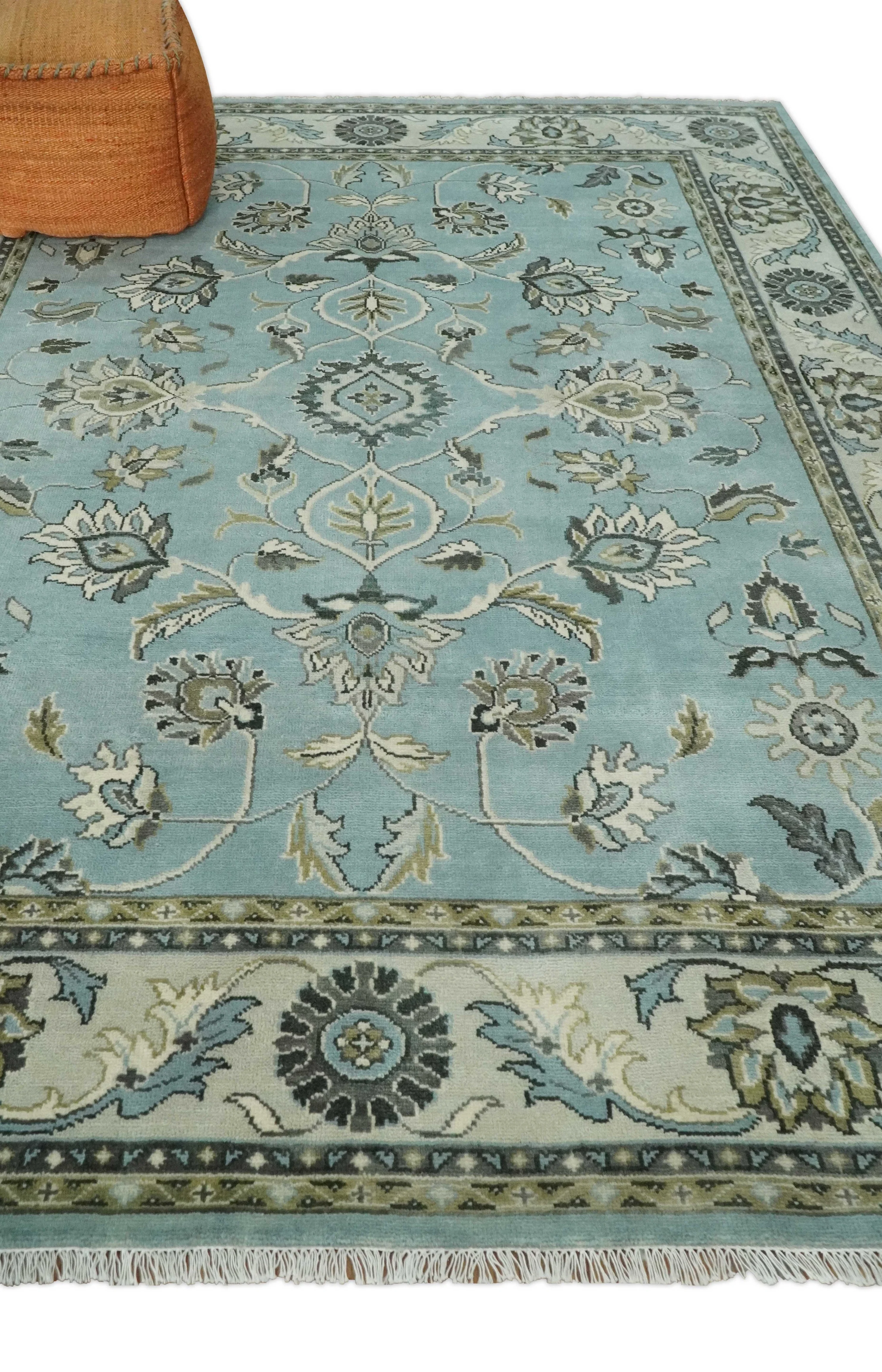 8x10 and 9x12 Antique Hand Knotted Blue and Ivory Traditional Vintage Persian Oushak Wool Rug | TRDCP998912 - Image 4