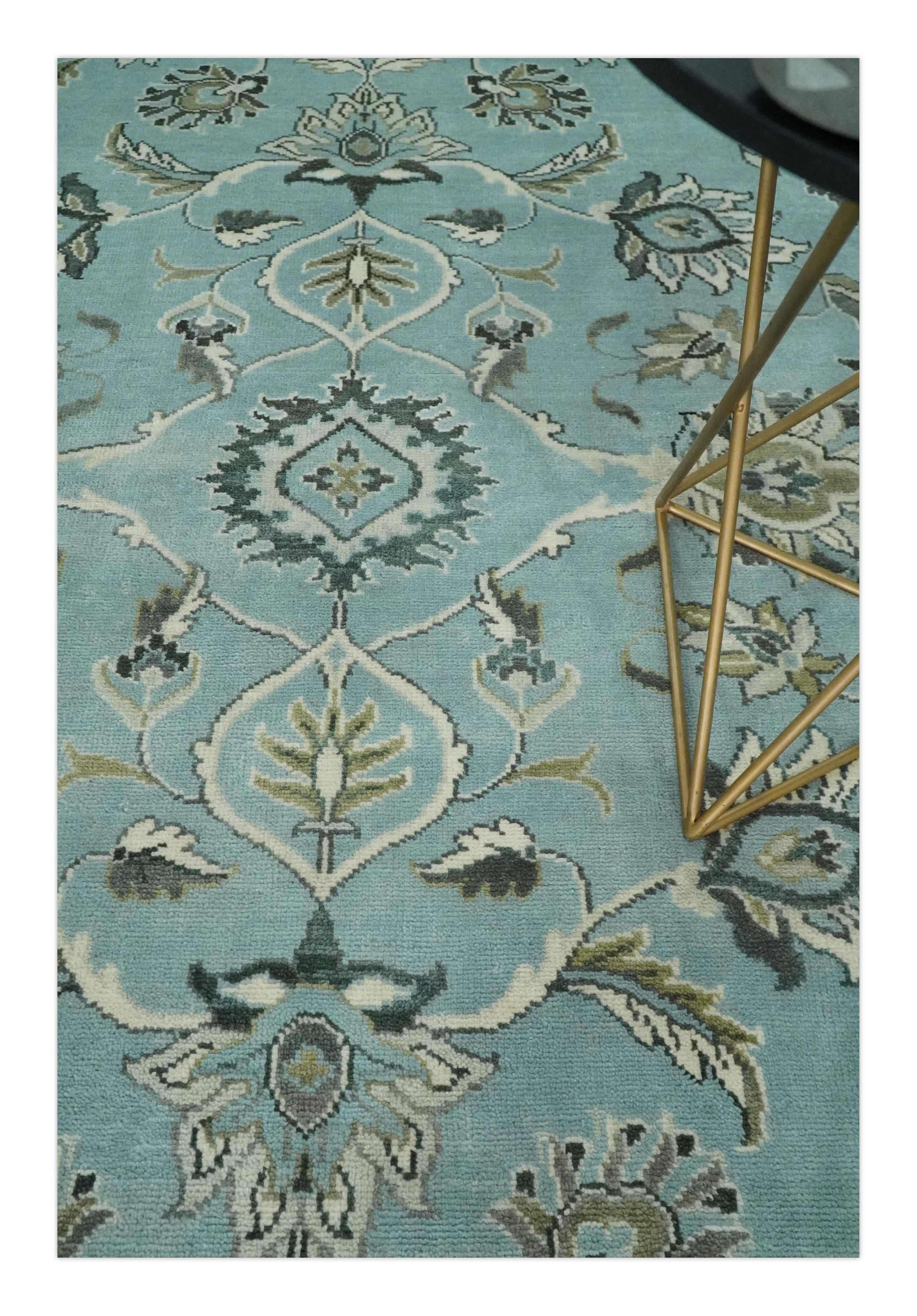 8x10 and 9x12 Antique Hand Knotted Blue and Ivory Traditional Vintage Persian Oushak Wool Rug | TRDCP998912 - Image 5