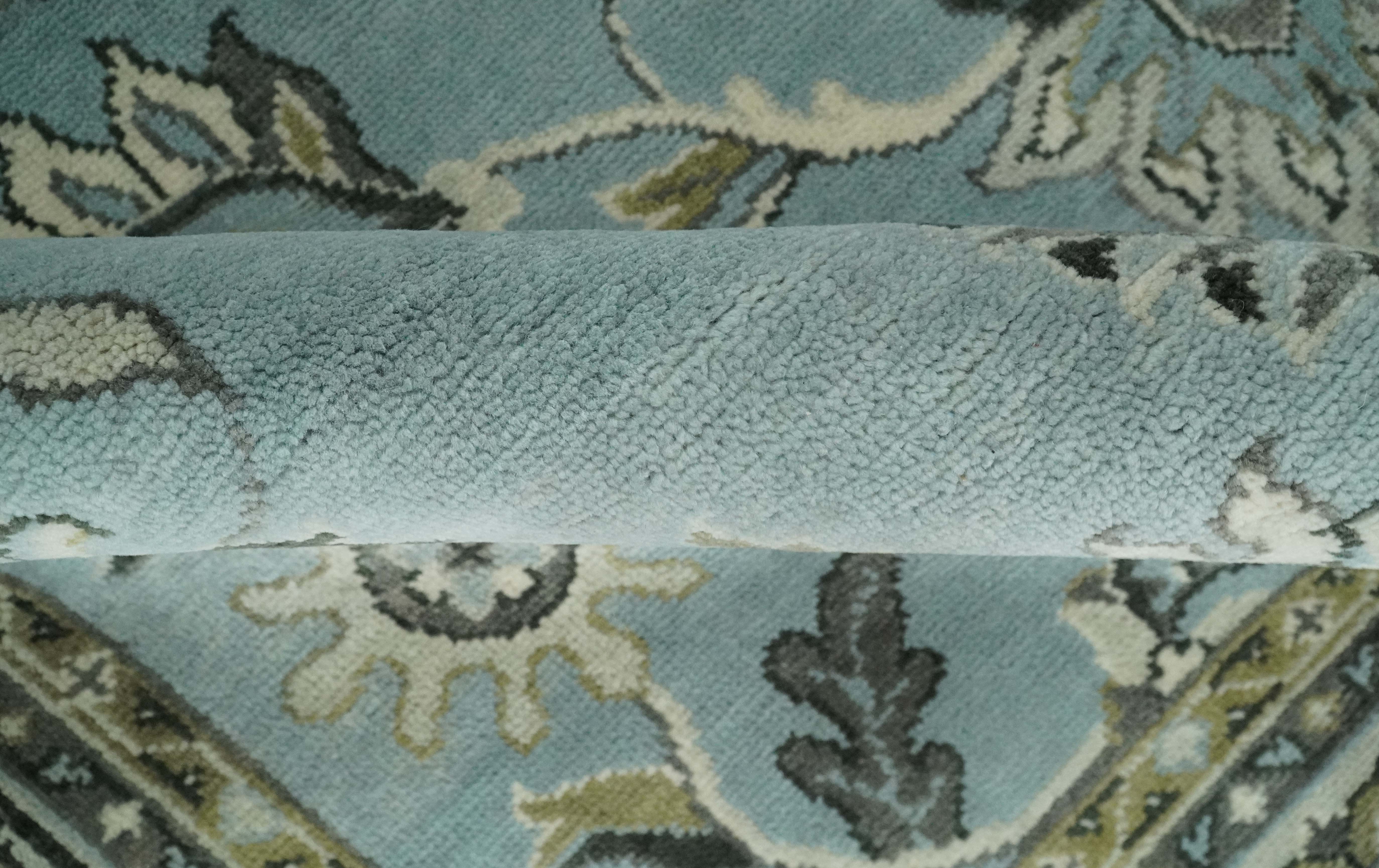 8x10 and 9x12 Antique Hand Knotted Blue and Ivory Traditional Vintage Persian Oushak Wool Rug | TRDCP998912 - Image 6