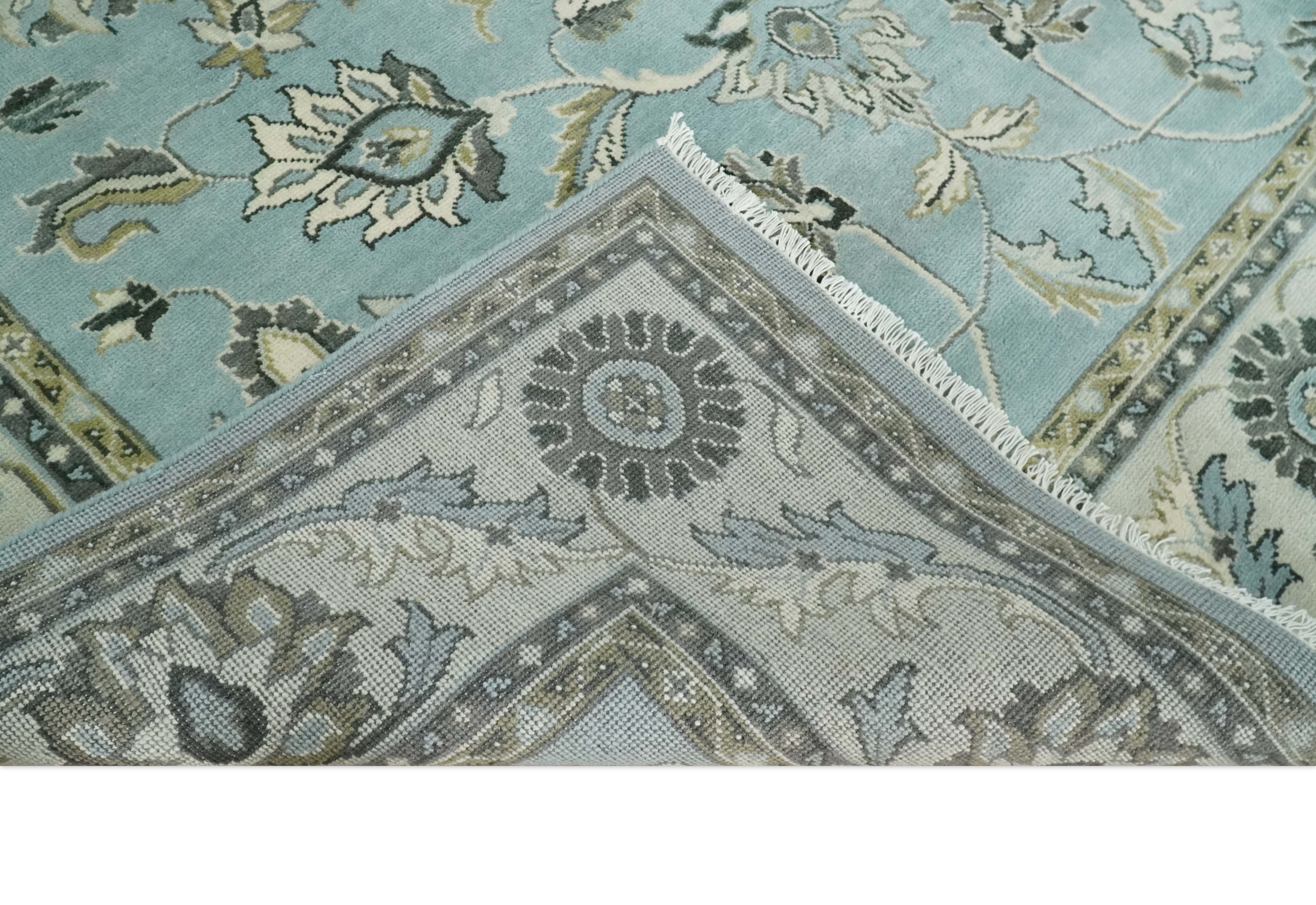 8x10 and 9x12 Antique Hand Knotted Blue and Ivory Traditional Vintage Persian Oushak Wool Rug | TRDCP998912 - Image 7