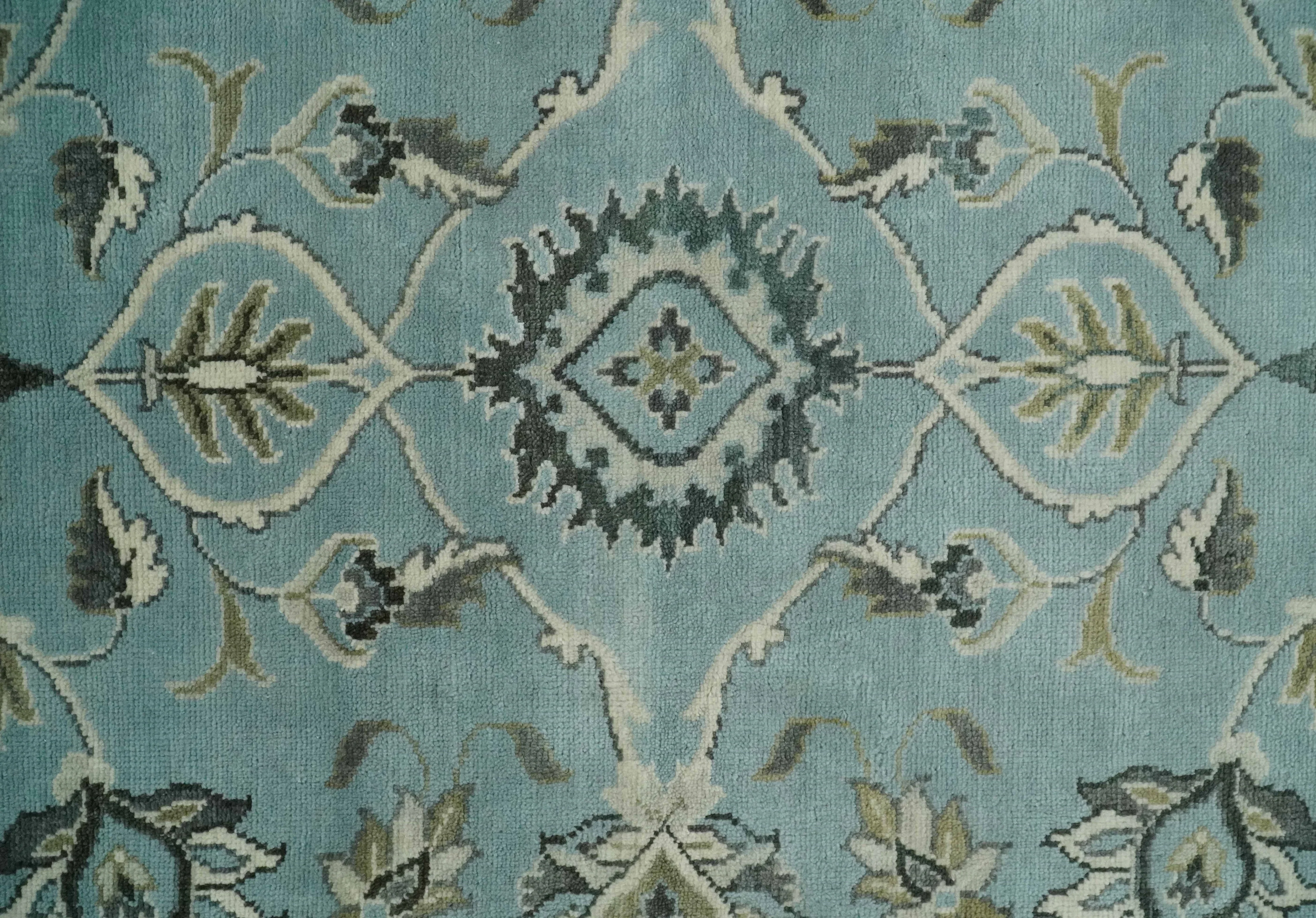 8x10 and 9x12 Antique Hand Knotted Blue and Ivory Traditional Vintage Persian Oushak Wool Rug | TRDCP998912 - Image 9