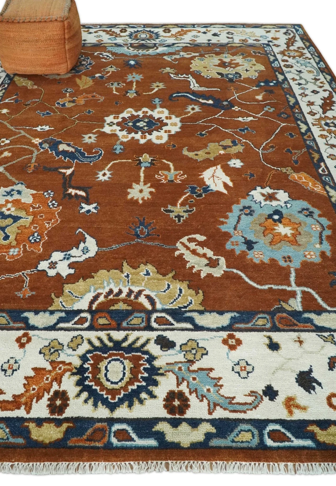 9x12 Antique Hand Knotted Rust and Ivory Traditional Vintage Persian Oushak Wool Rug | TRDCP975912 - Image 3