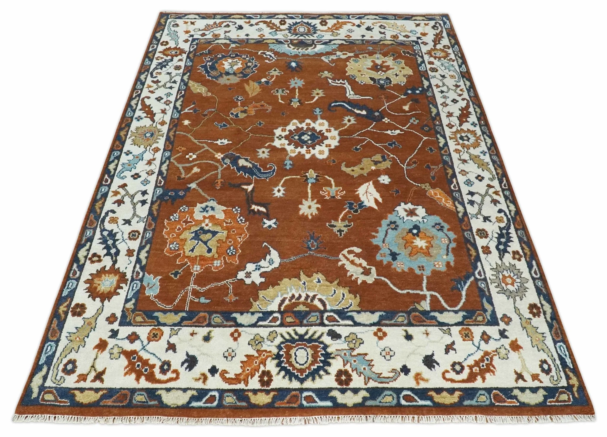 9x12 Antique Hand Knotted Rust and Ivory Traditional Vintage Persian Oushak Wool Rug | TRDCP975912 - Image 4