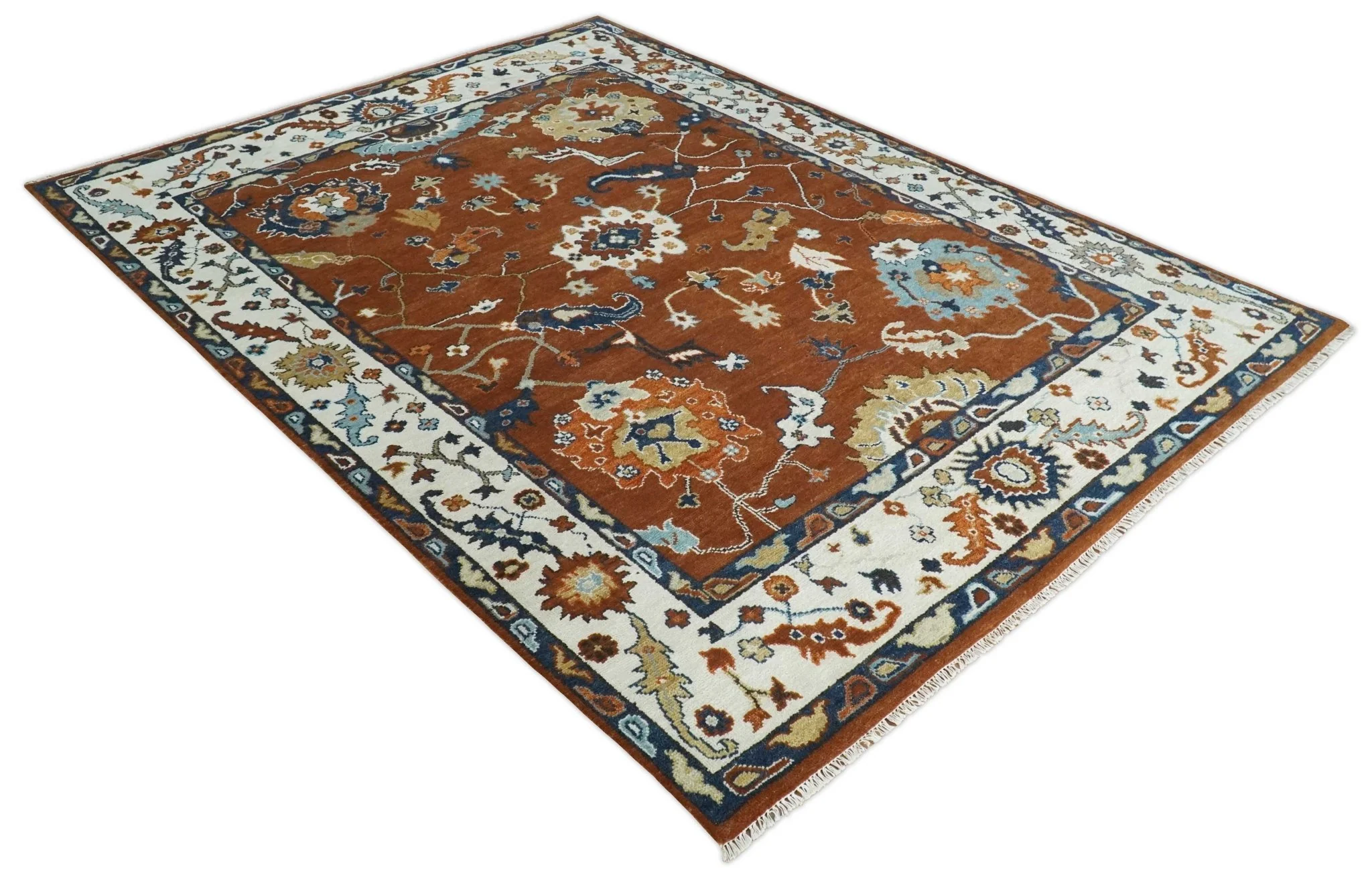 9x12 Antique Hand Knotted Rust and Ivory Traditional Vintage Persian Oushak Wool Rug | TRDCP975912 - Image 5