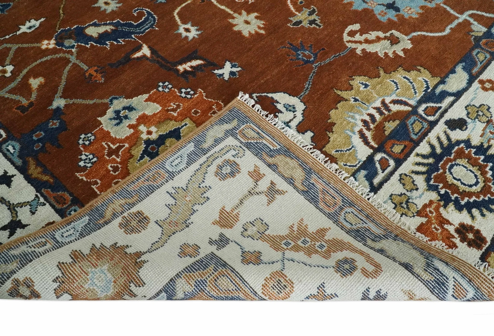 9x12 Antique Hand Knotted Rust and Ivory Traditional Vintage Persian Oushak Wool Rug | TRDCP975912 - Image 6