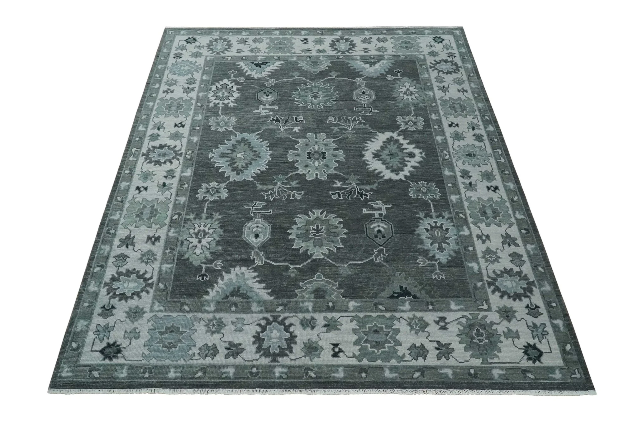 Antique Hand Knotted Charcoal and Ivory Traditional Oushak Wool Area Rug - Image 10