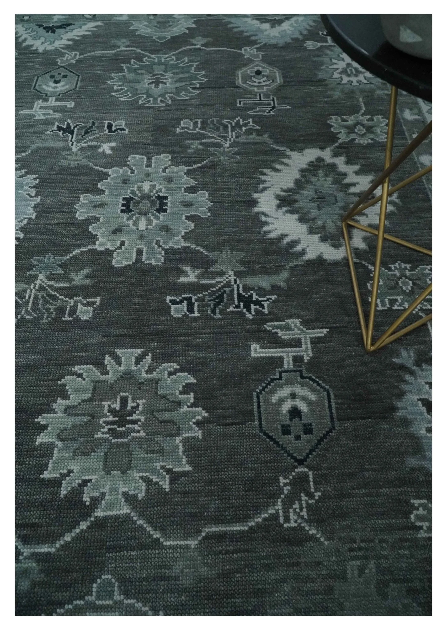 Antique Hand Knotted Charcoal and Ivory Traditional Oushak Wool Area Rug - Image 2