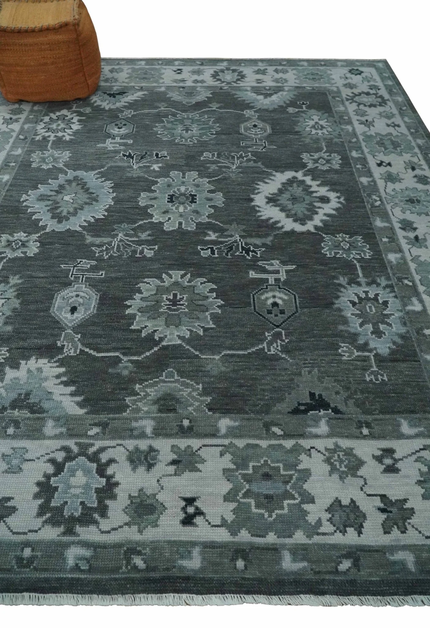 Antique Hand Knotted Charcoal and Ivory Traditional Oushak Wool Area Rug - Image 3