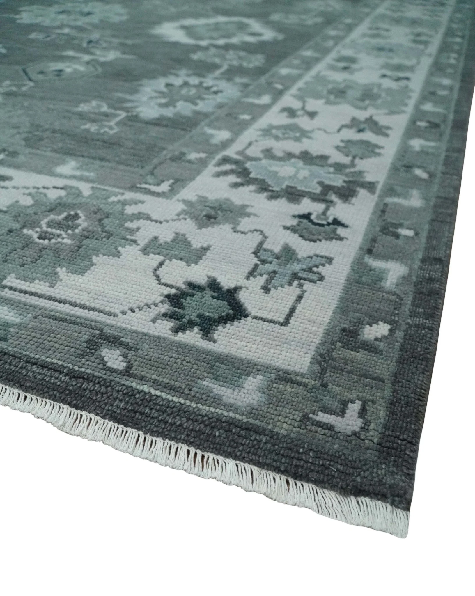 Antique Hand Knotted Charcoal and Ivory Traditional Oushak Wool Area Rug - Image 5