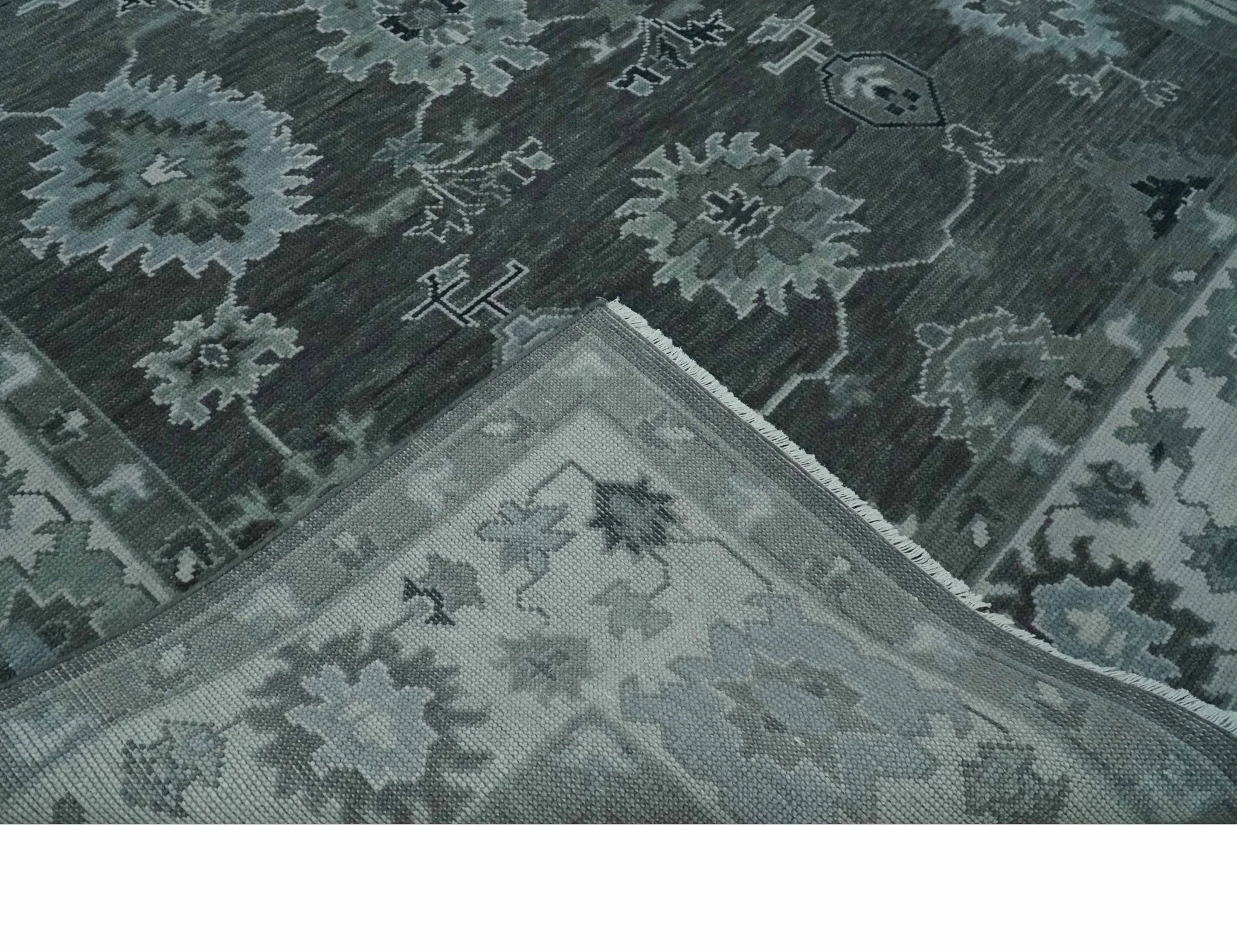 Antique Hand Knotted Charcoal and Ivory Traditional Oushak Wool Area Rug - Image 7