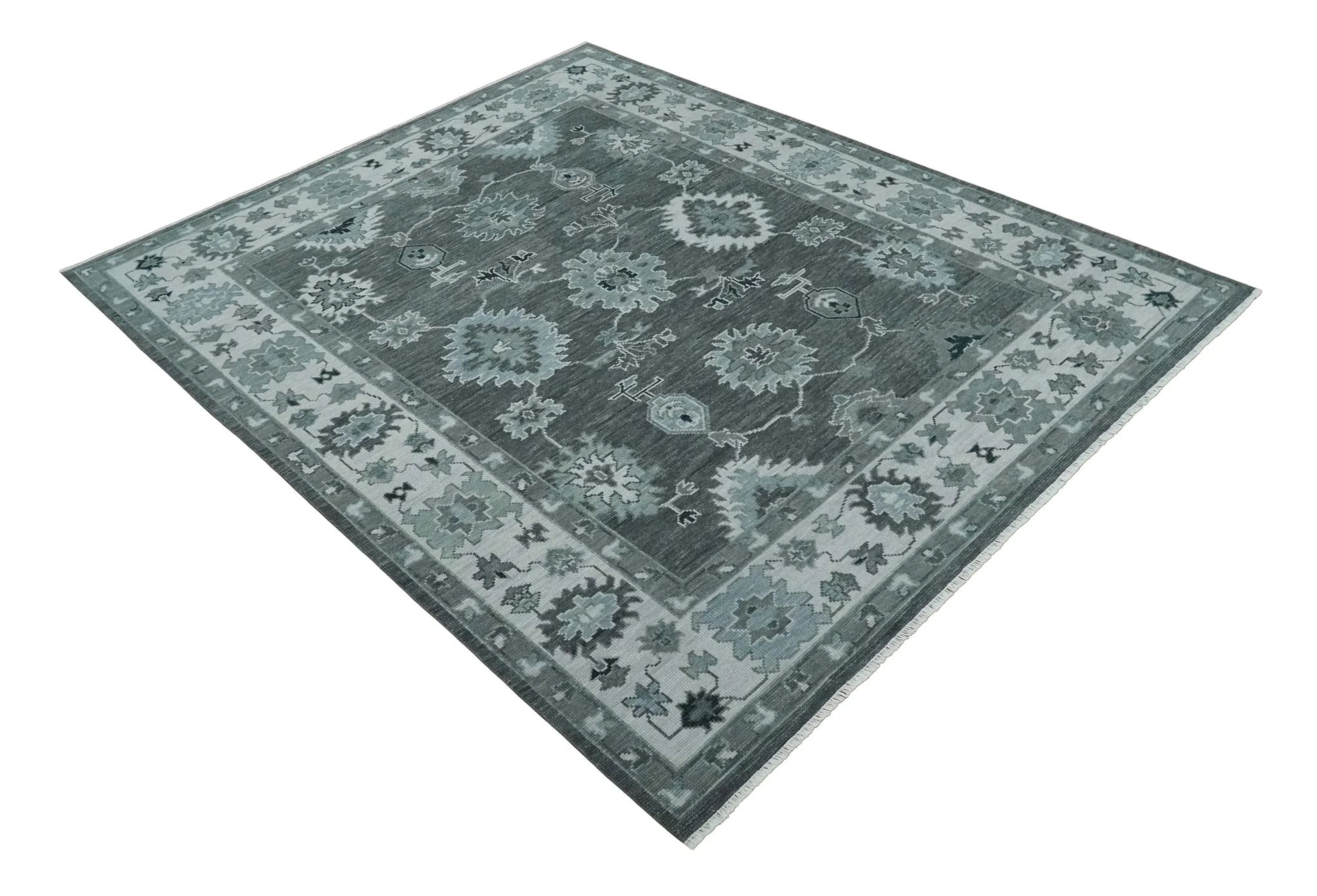 Antique Hand Knotted Charcoal and Ivory Traditional Oushak Wool Area Rug - Image 9
