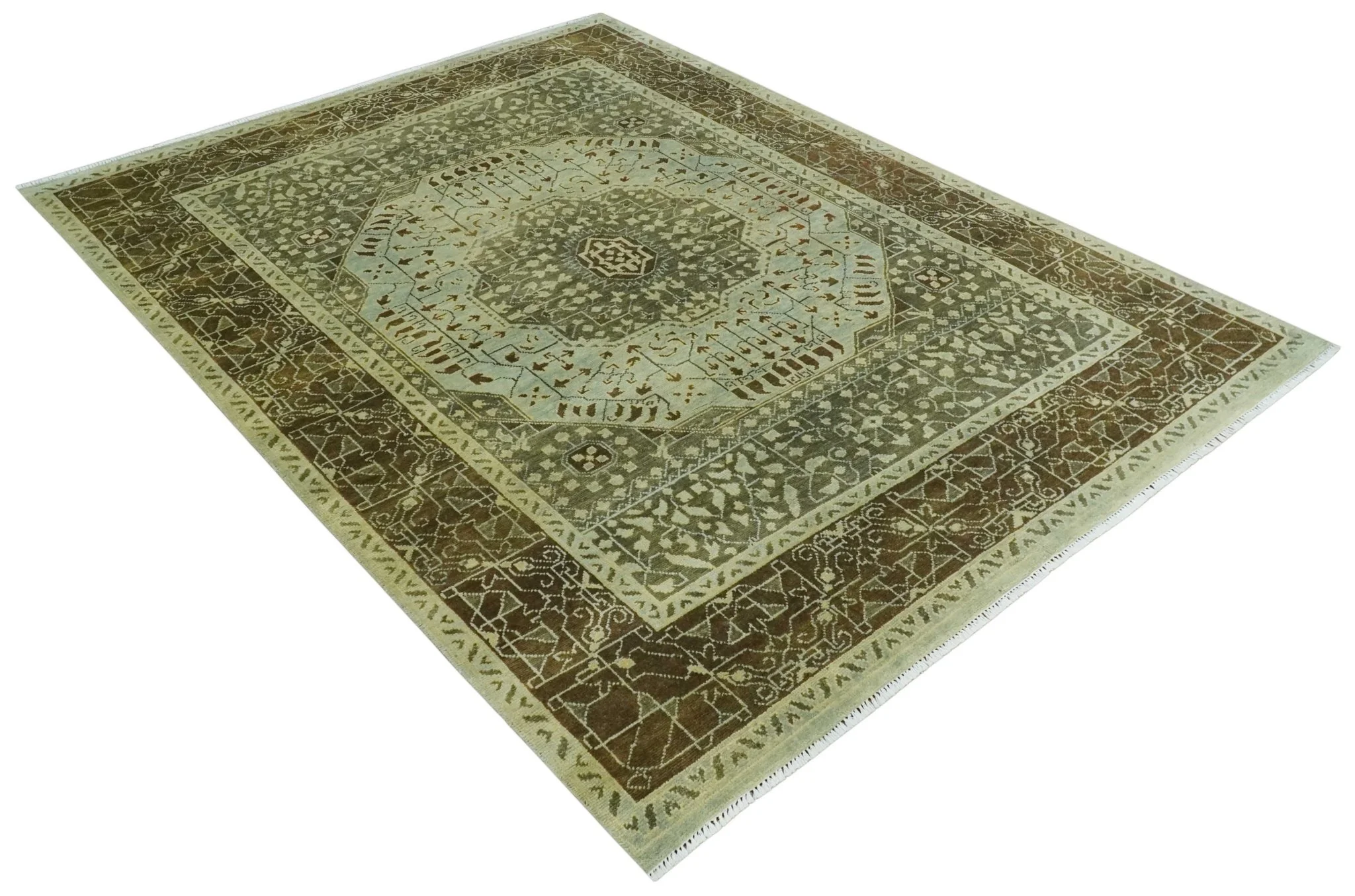 9x12 Antique Style Hand Knotted Green and Silver Medallion Pattern Wool Area Rug - Image 10