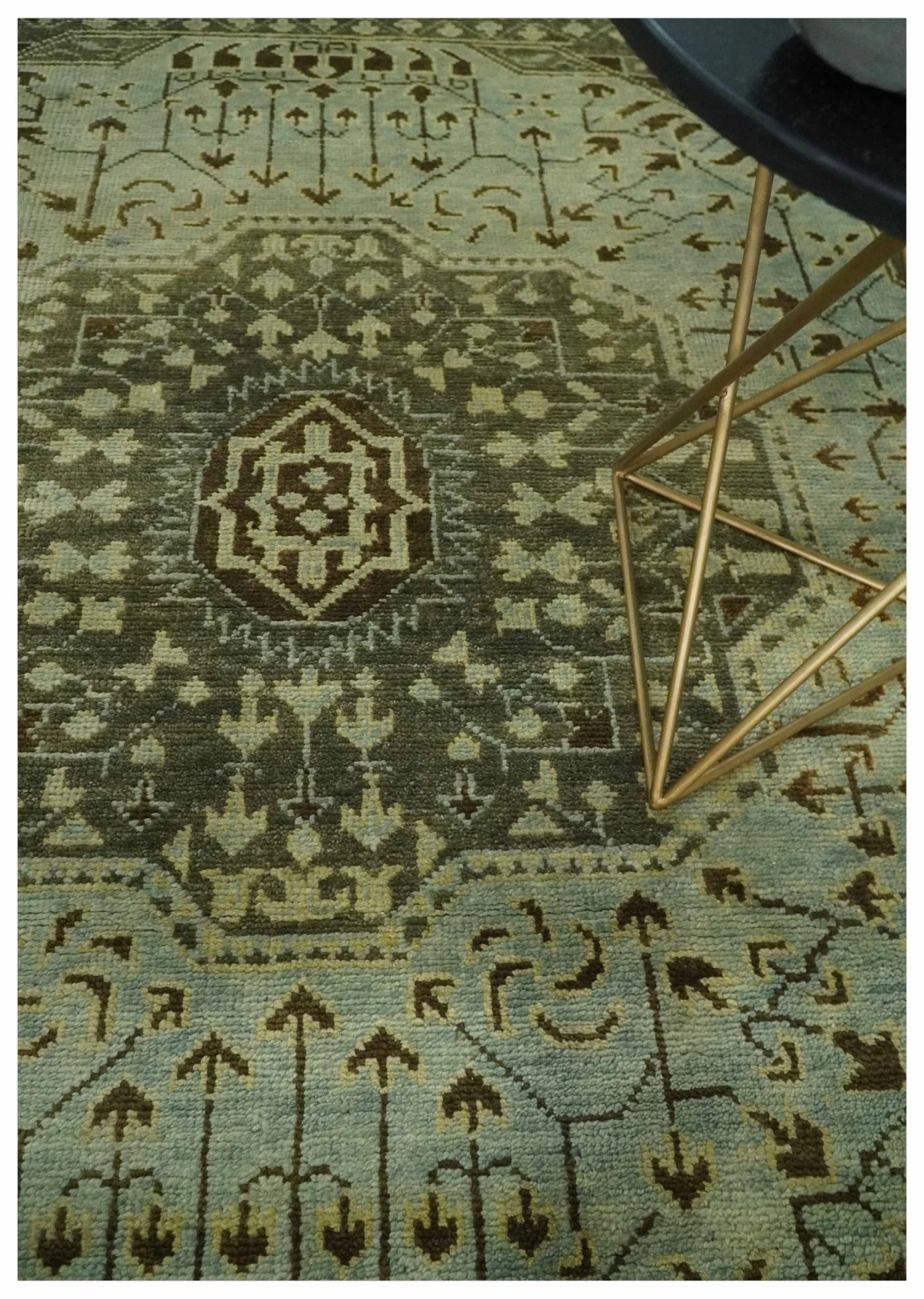 9x12 Antique Style Hand Knotted Green and Silver Medallion Pattern Wool Area Rug - Image 2