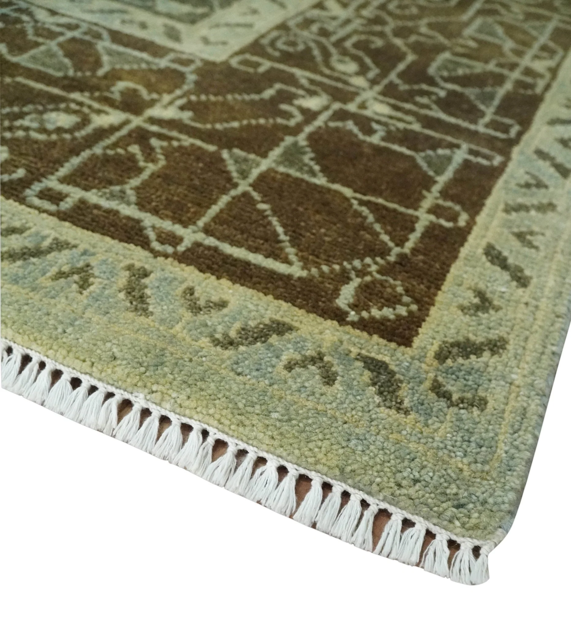9x12 Antique Style Hand Knotted Green and Silver Medallion Pattern Wool Area Rug - Image 5