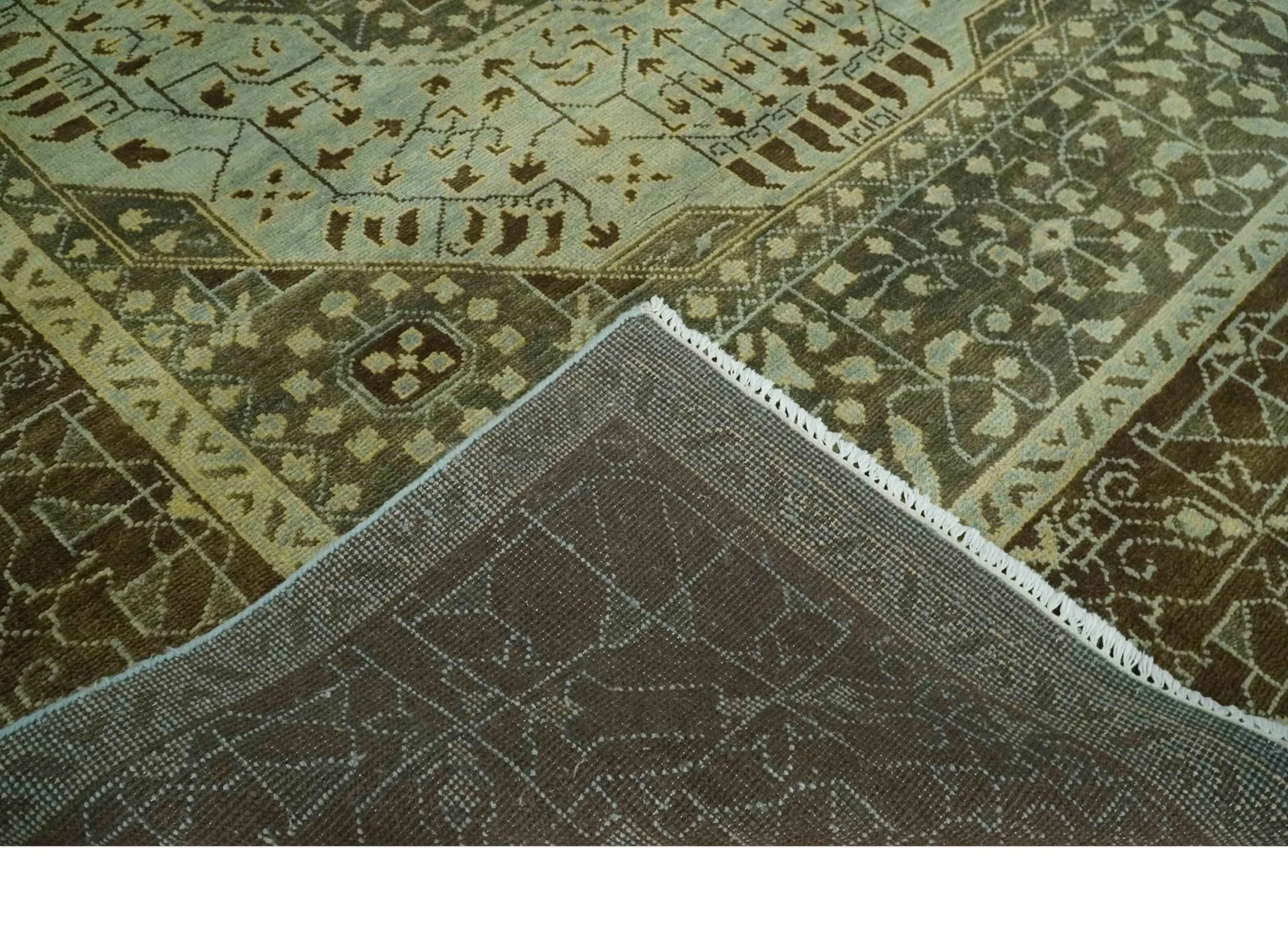 9x12 Antique Style Hand Knotted Green and Silver Medallion Pattern Wool Area Rug - Image 6