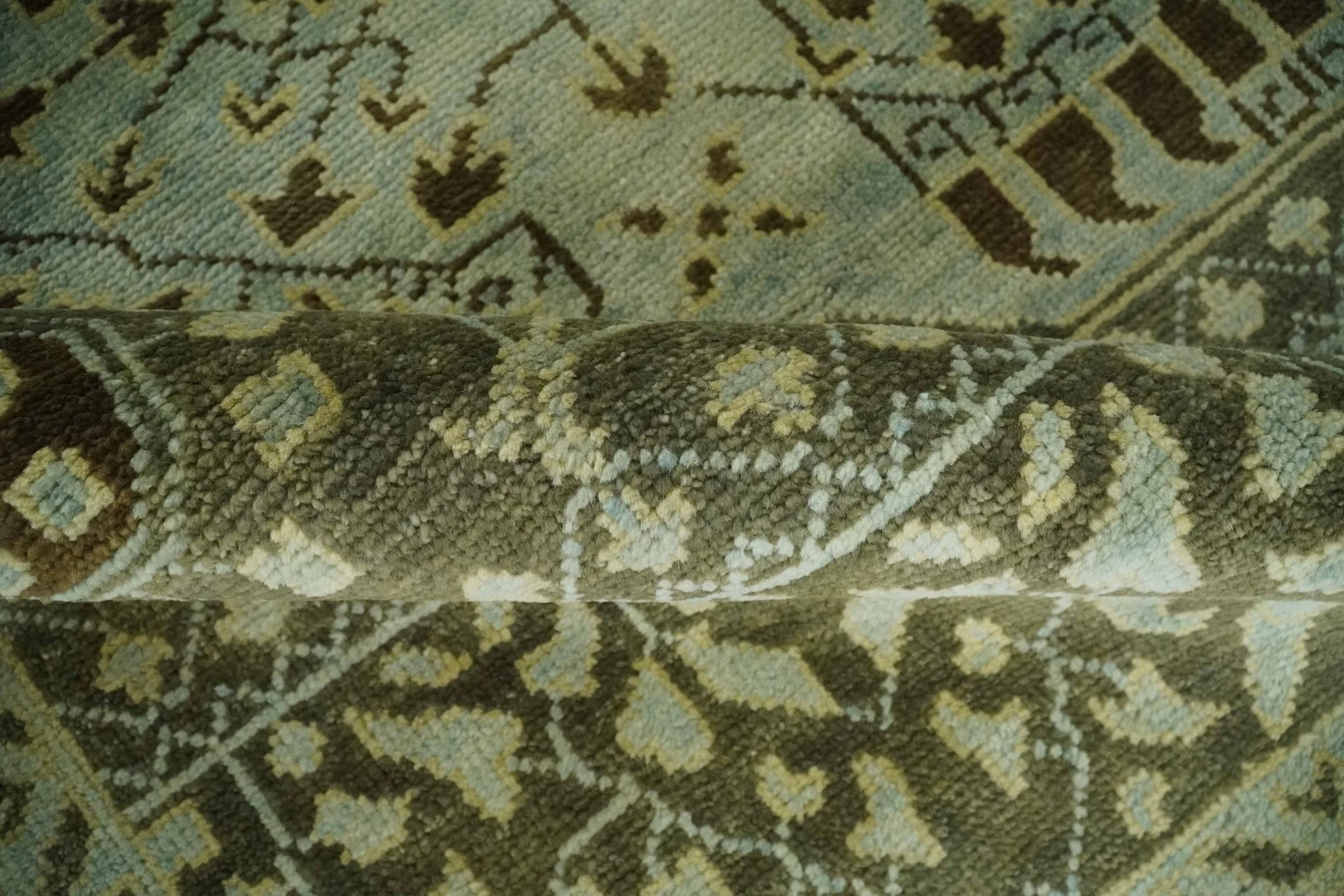 9x12 Antique Style Hand Knotted Green and Silver Medallion Pattern Wool Area Rug - Image 8