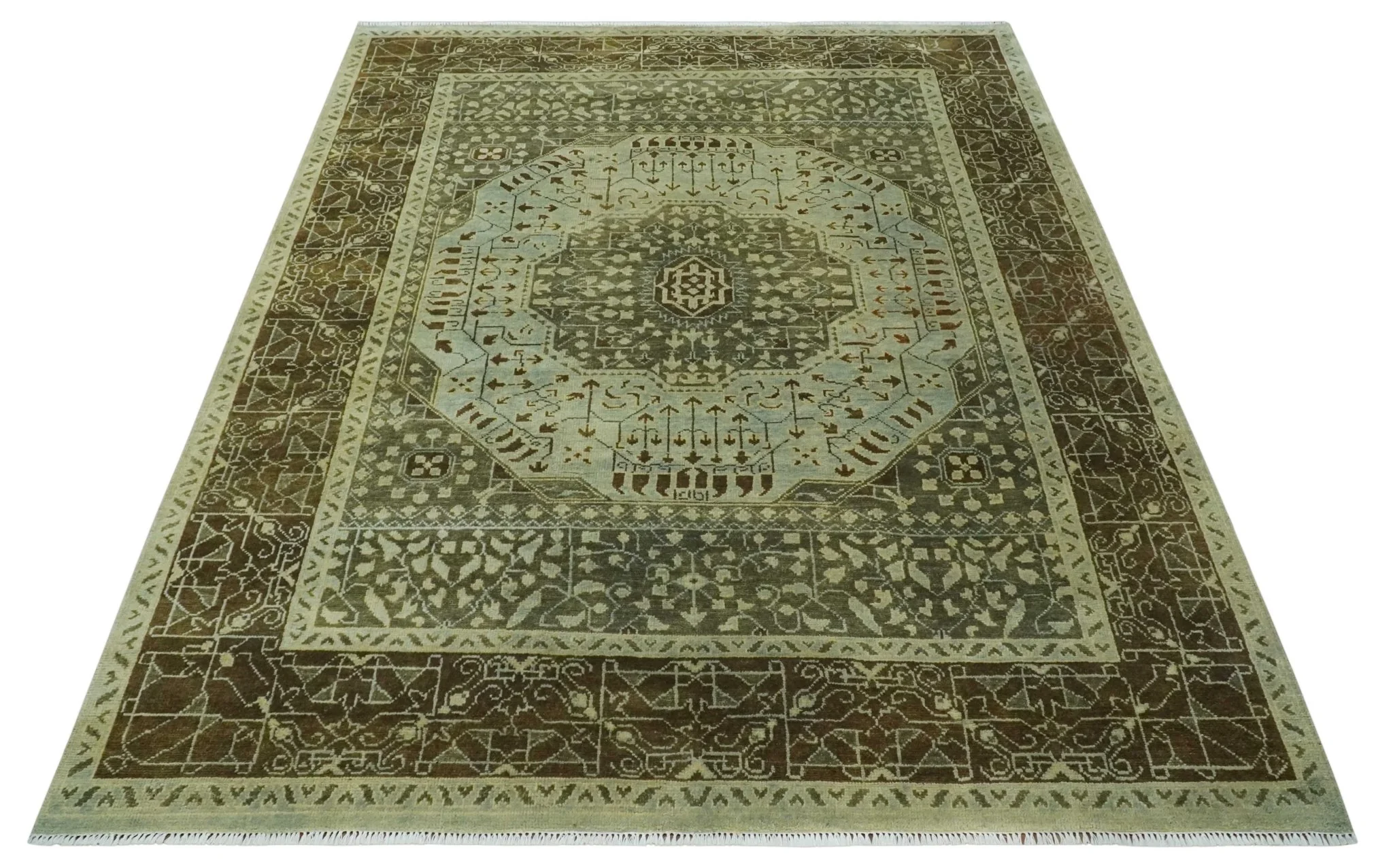 9x12 Antique Style Hand Knotted Green and Silver Medallion Pattern Wool Area Rug - Image 9