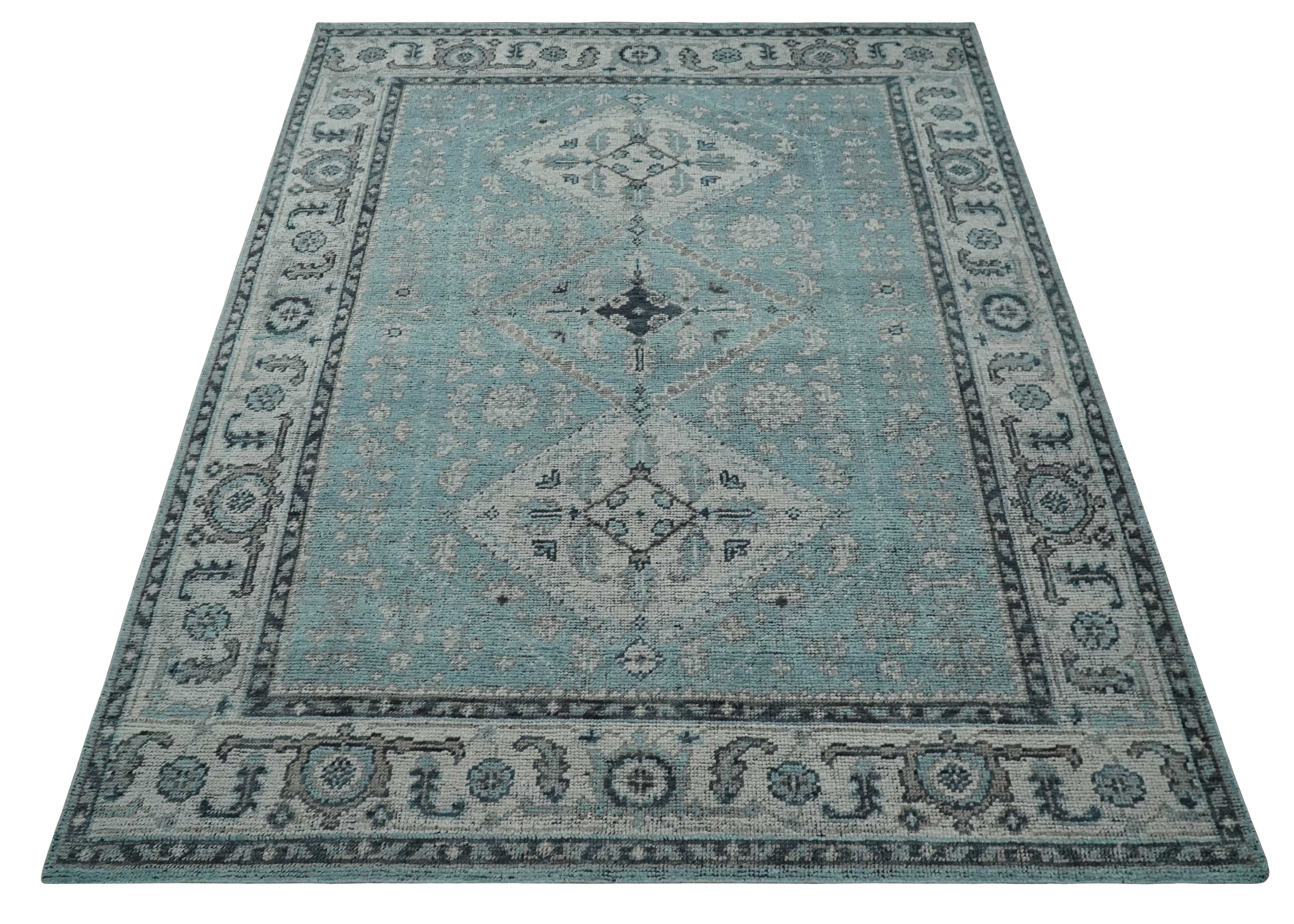 Distressed Hand Knotted Multi Size Blue, Silver and Charcoal Traditional Low Pile Wool Area Rug - Image 10