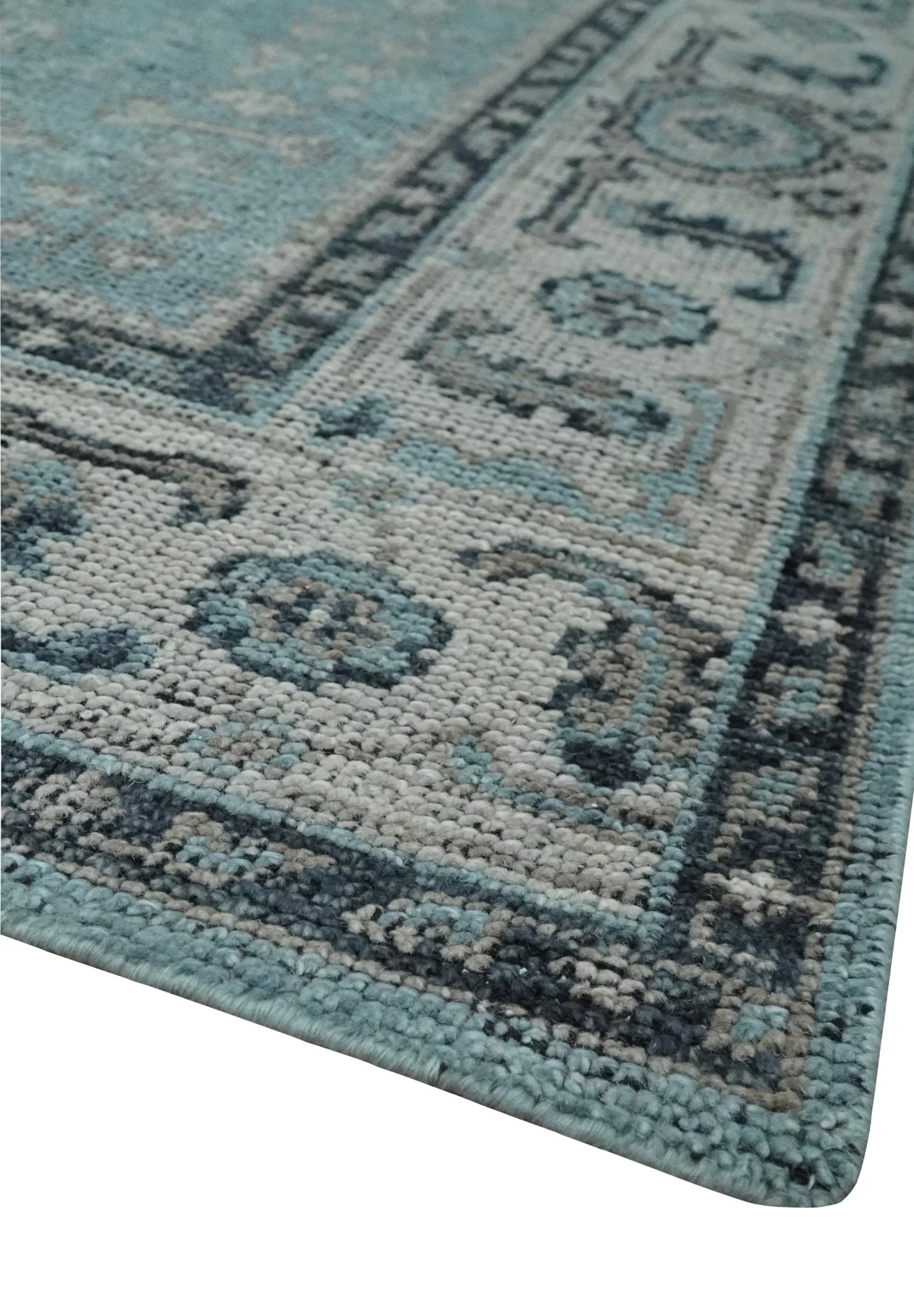 Distressed Hand Knotted Multi Size Blue, Silver and Charcoal Traditional Low Pile Wool Area Rug - Image 5