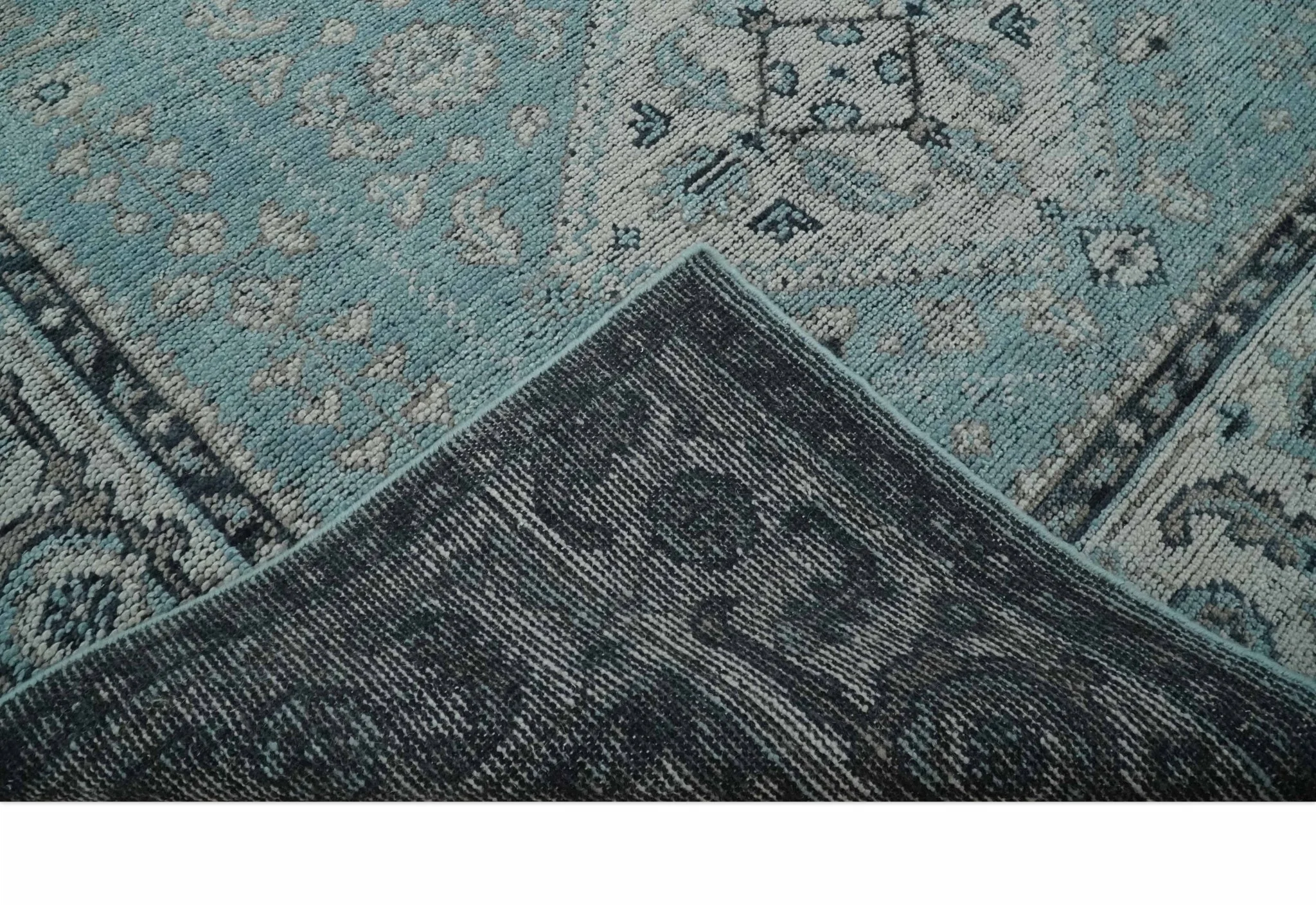 Distressed Hand Knotted Multi Size Blue, Silver and Charcoal Traditional Low Pile Wool Area Rug - Image 7