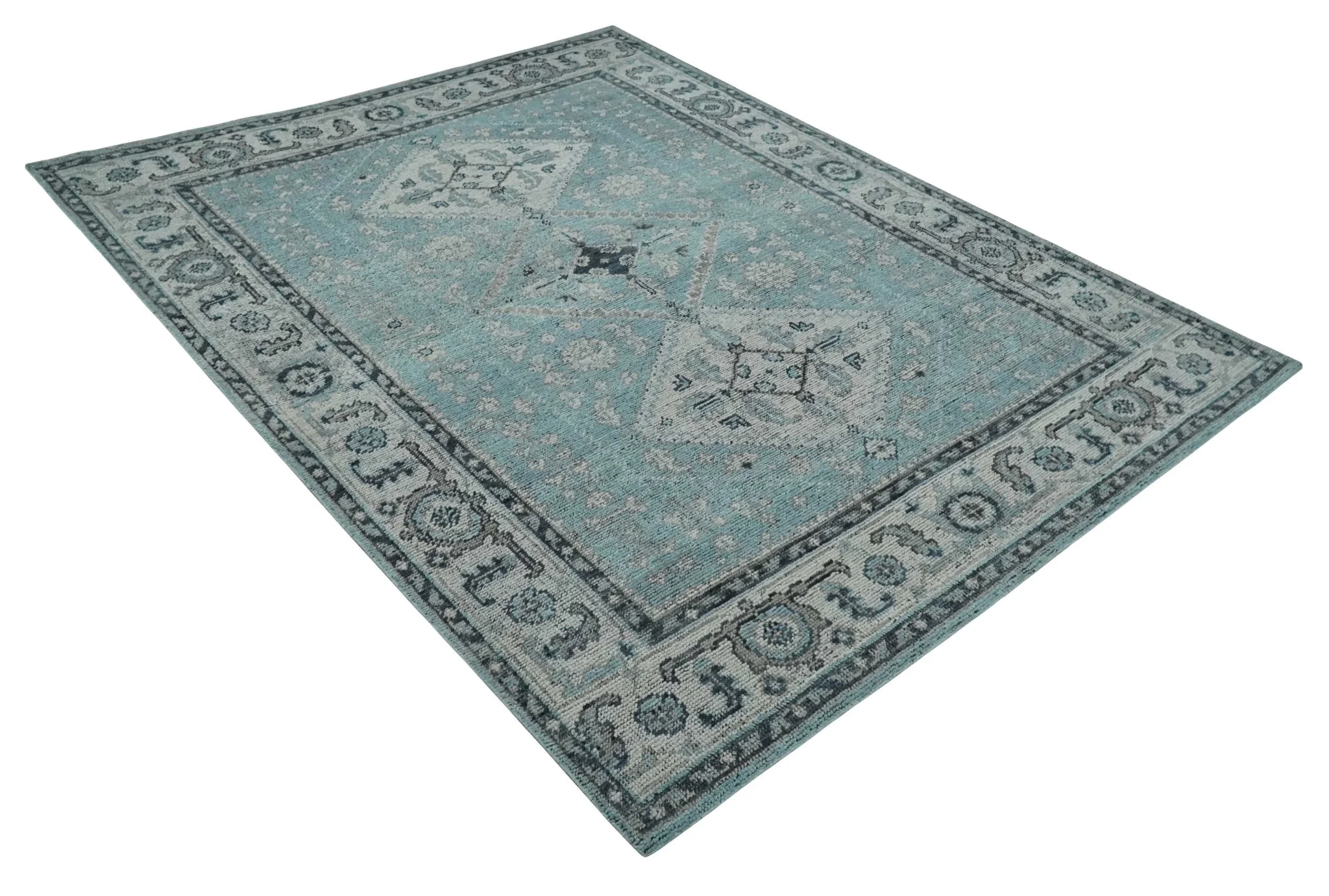 Distressed Hand Knotted Multi Size Blue, Silver and Charcoal Traditional Low Pile Wool Area Rug - Image 9