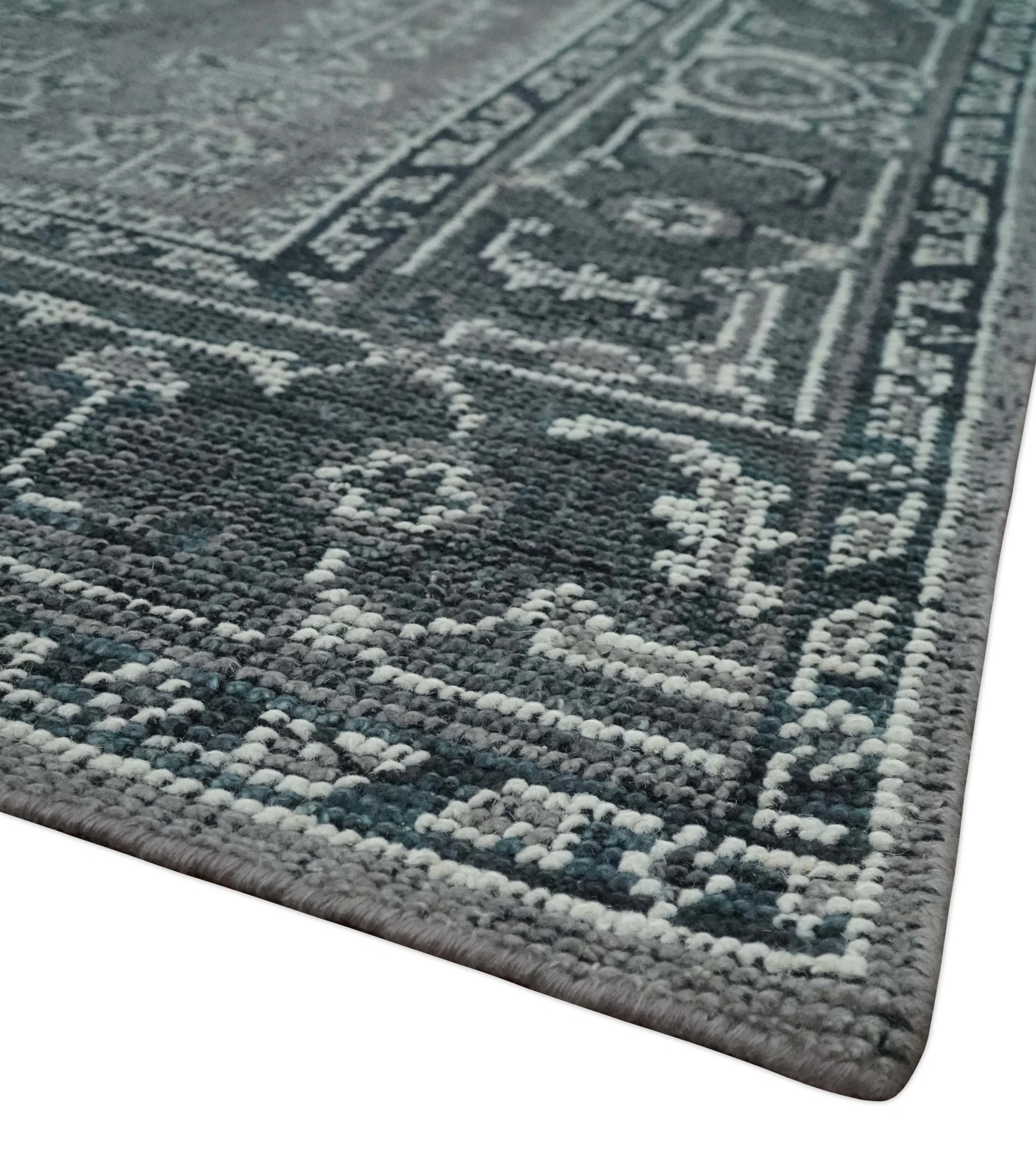 Antique Style Hand Knotted Multi Size Charcoal and Silver Traditional Low Pile Wool Area Rug - Image 5
