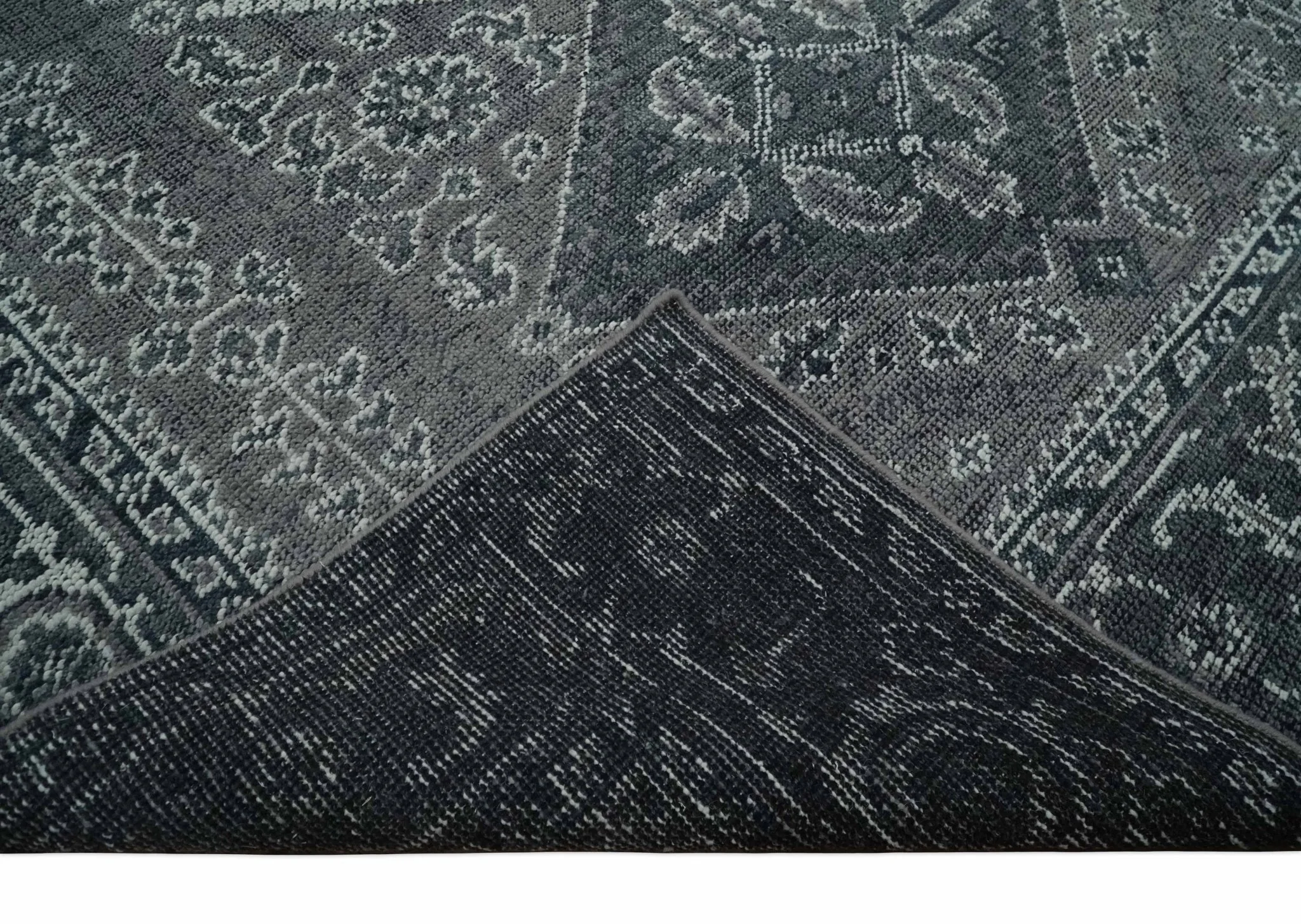 Antique Style Hand Knotted Multi Size Charcoal and Silver Traditional Low Pile Wool Area Rug - Image 7
