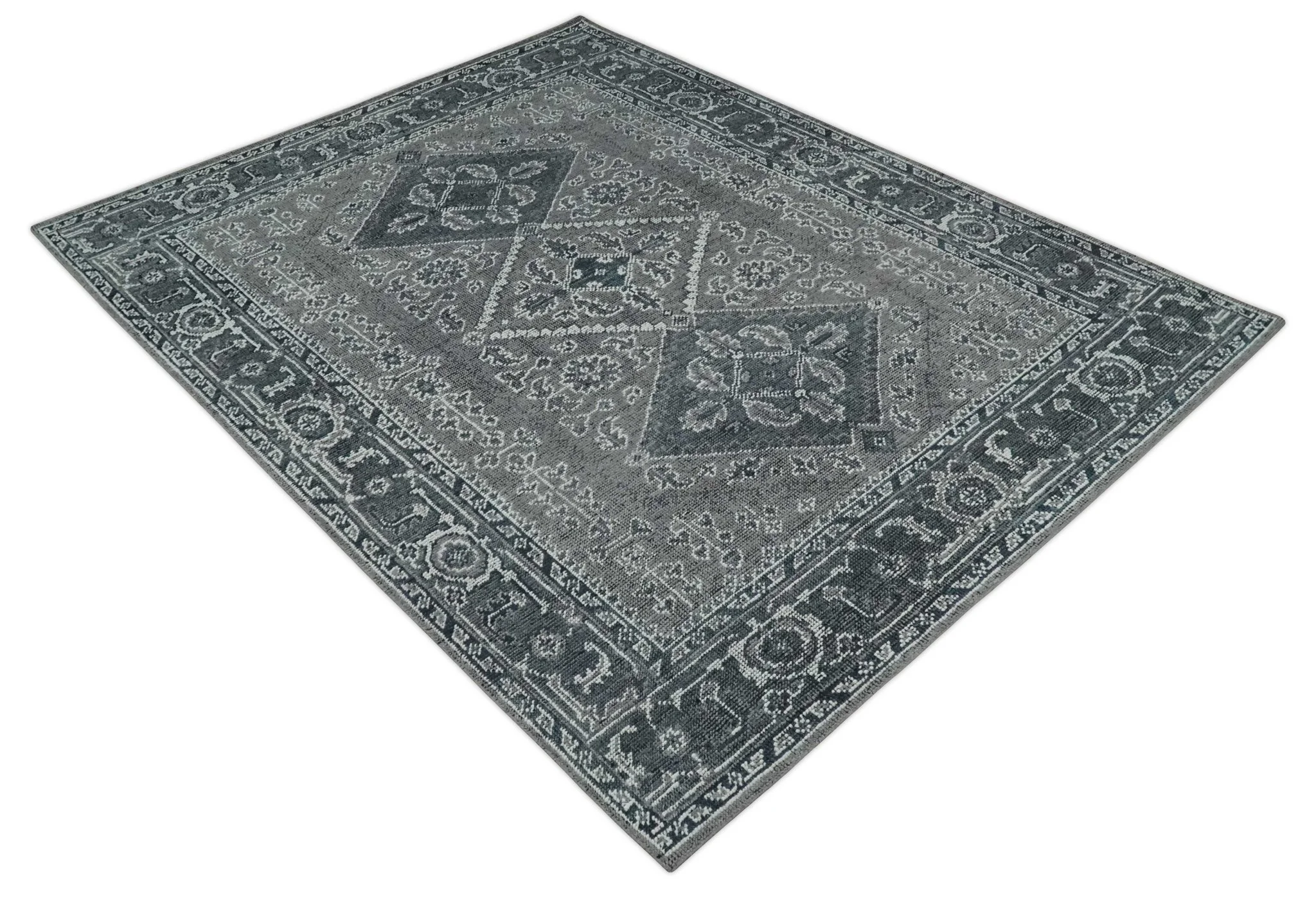 Antique Style Hand Knotted Multi Size Charcoal and Silver Traditional Low Pile Wool Area Rug - Image 8