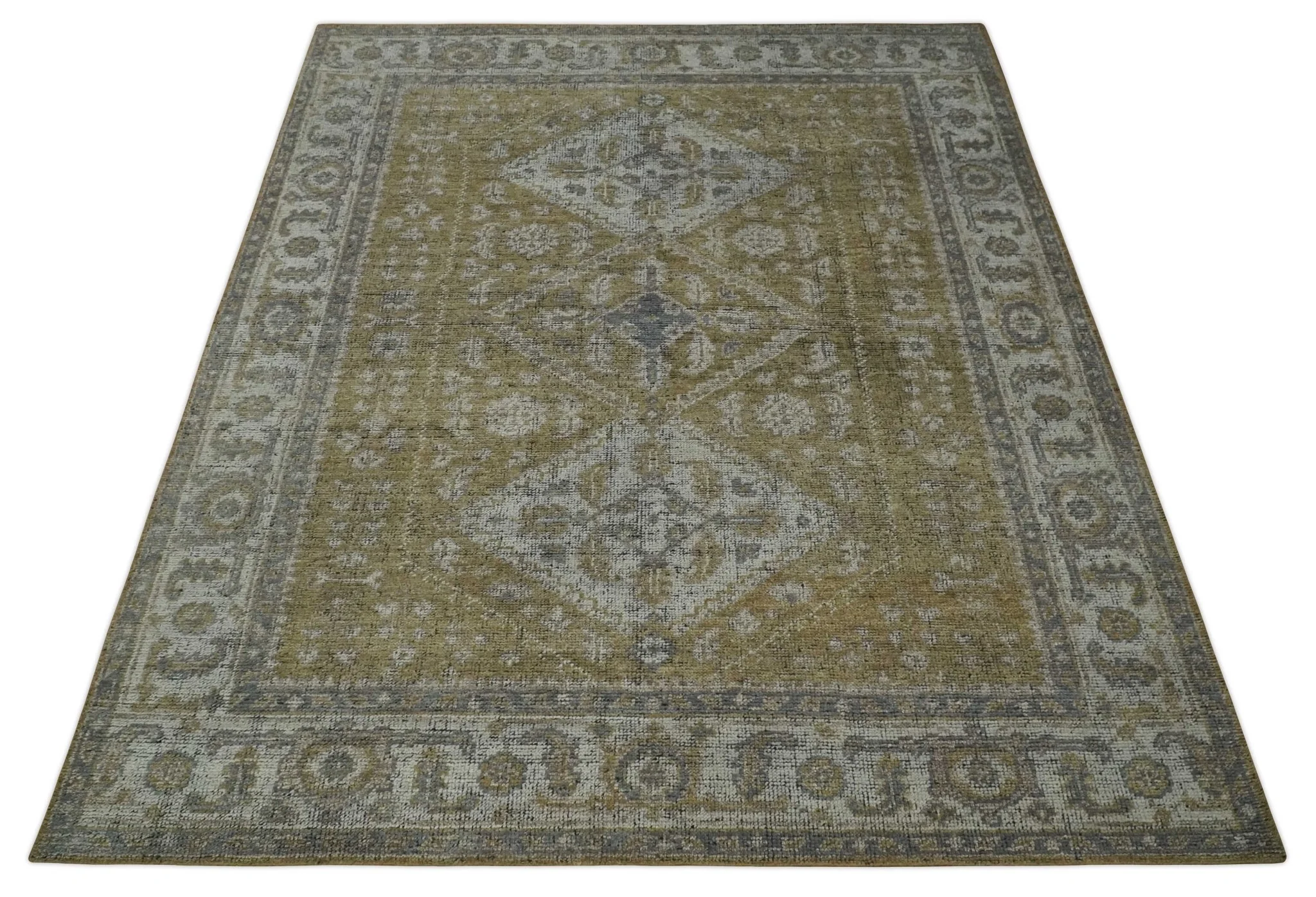 Antique Style Hand Knotted 8x10 Olive, Silver and Charcoal Traditional Low Pile Wool Area Rug - Image 10