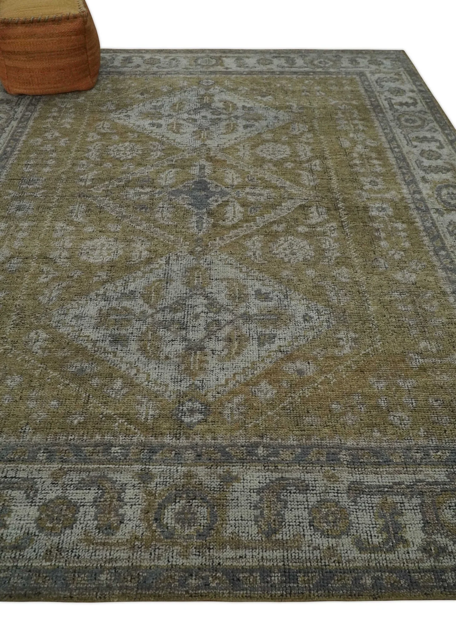 Antique Style Hand Knotted 8x10 Olive, Silver and Charcoal Traditional Low Pile Wool Area Rug - Image 3