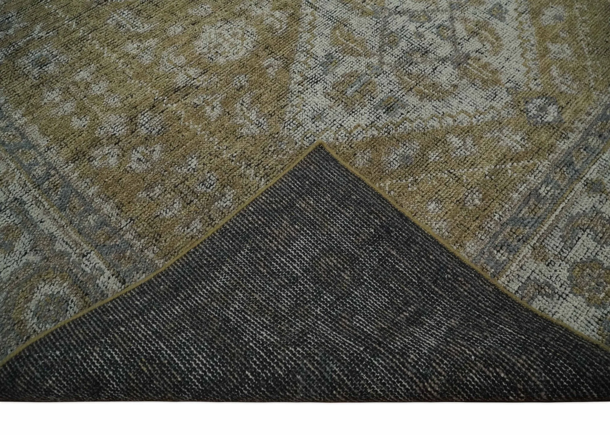 Antique Style Hand Knotted 8x10 Olive, Silver and Charcoal Traditional Low Pile Wool Area Rug - Image 8