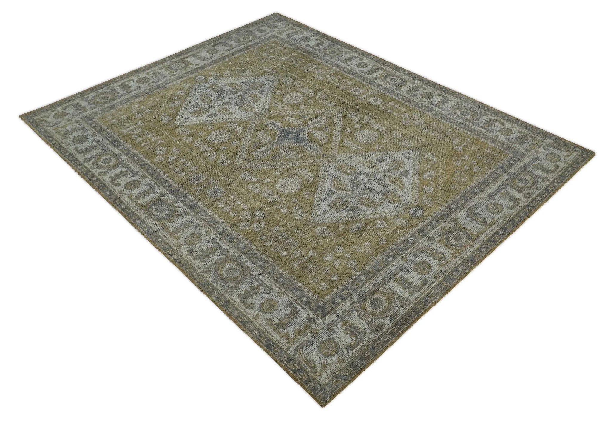 Antique Style Hand Knotted 8x10 Olive, Silver and Charcoal Traditional Low Pile Wool Area Rug - Image 9