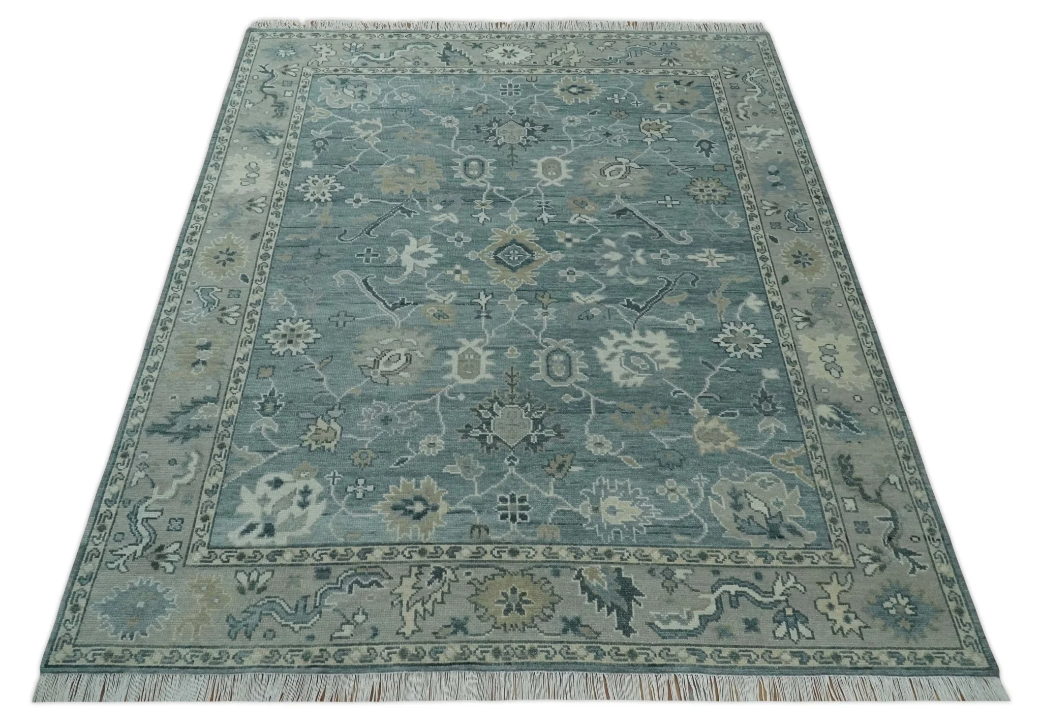 Antique Hand Knotted Oushak Gray and Silver Traditional wool Area Rug - Image 9