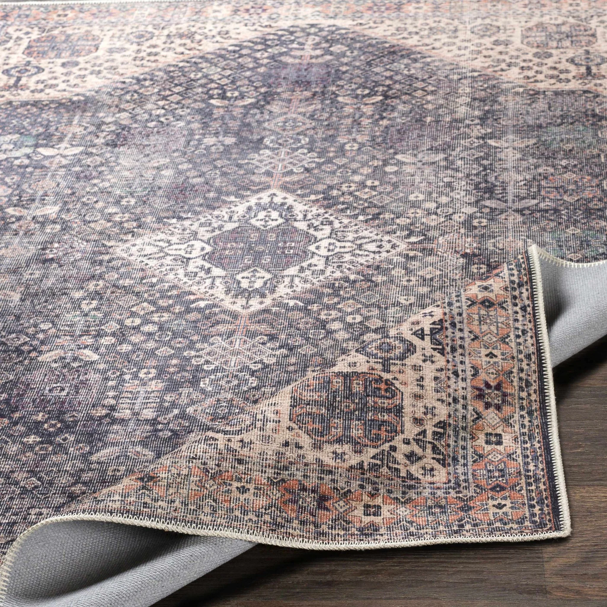 Antique Style and Traditional Design Beige, Dark Purple and Peach Washable Area Rug - Image 10