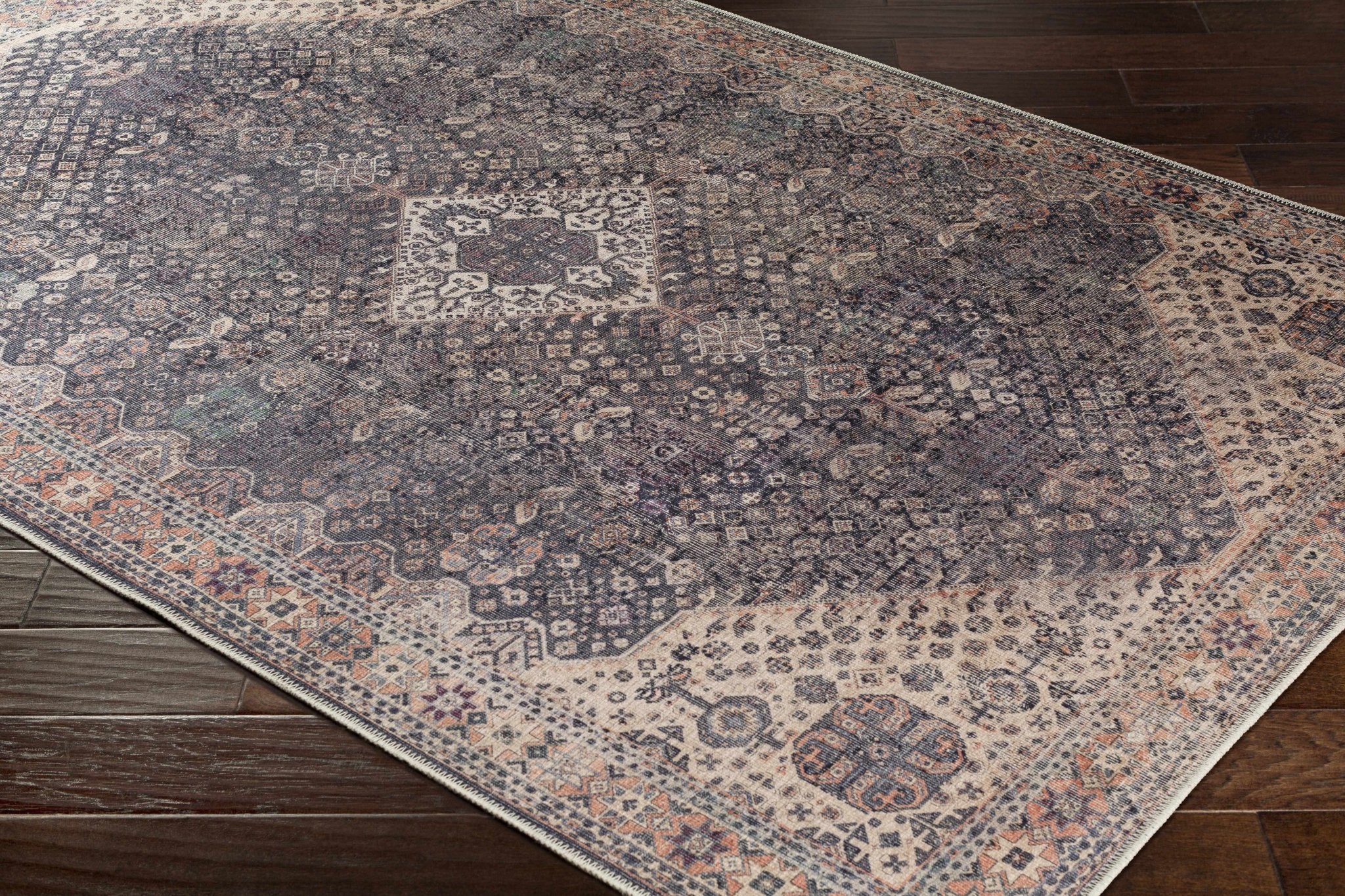 Antique Style and Traditional Design Beige, Dark Purple and Peach Washable Area Rug - Image 11