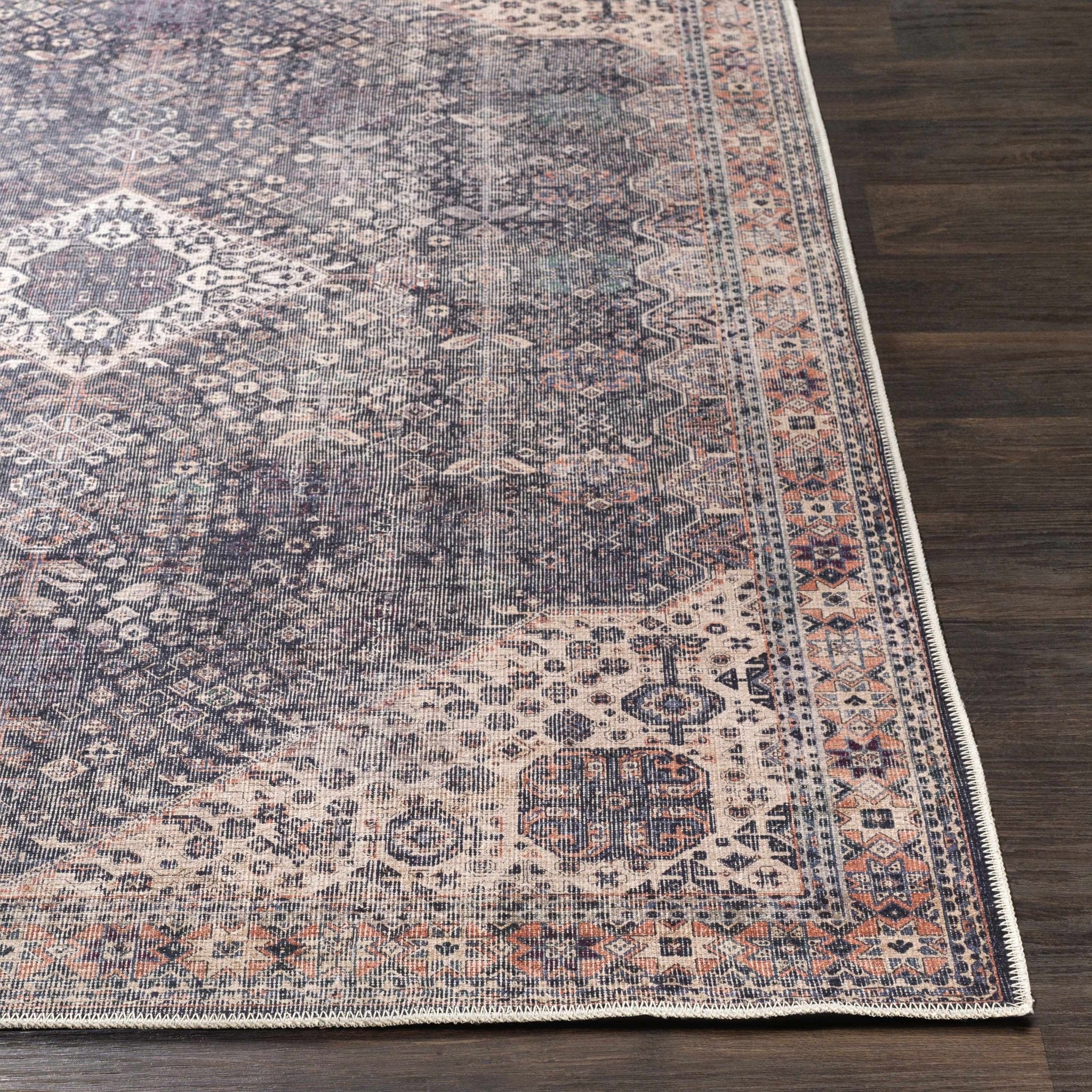 Antique Style and Traditional Design Beige, Dark Purple and Peach Washable Area Rug - Image 12