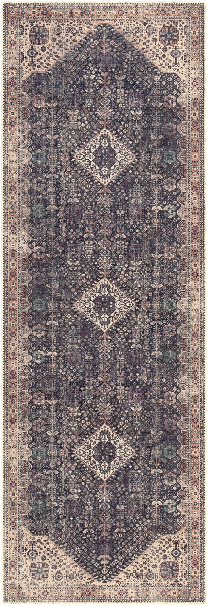 Antique Style and Traditional Design Beige, Dark Purple and Peach Washable Area Rug - Image 13