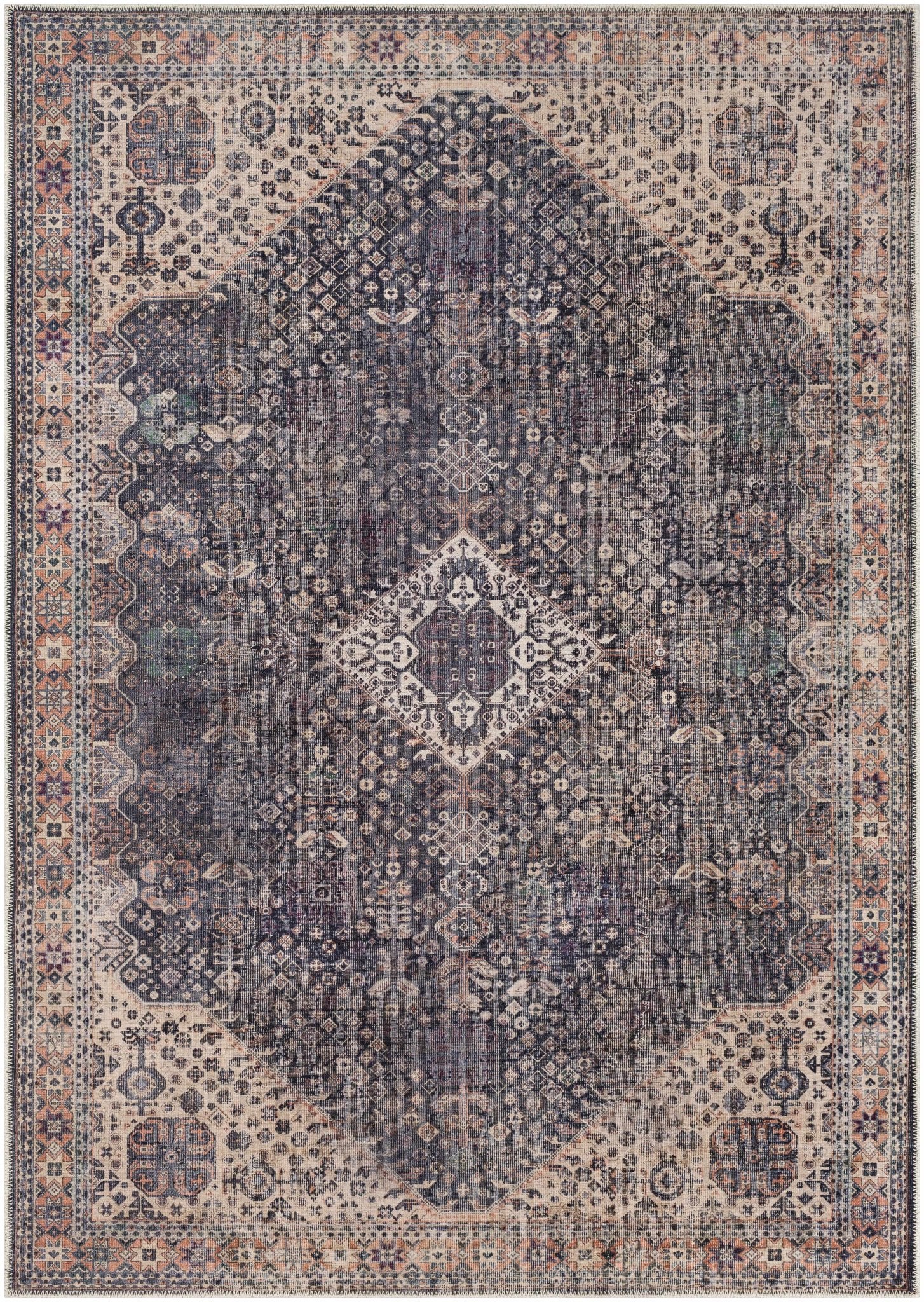 Antique Style and Traditional Design Beige, Dark Purple and Peach Washable Area Rug - Image 14