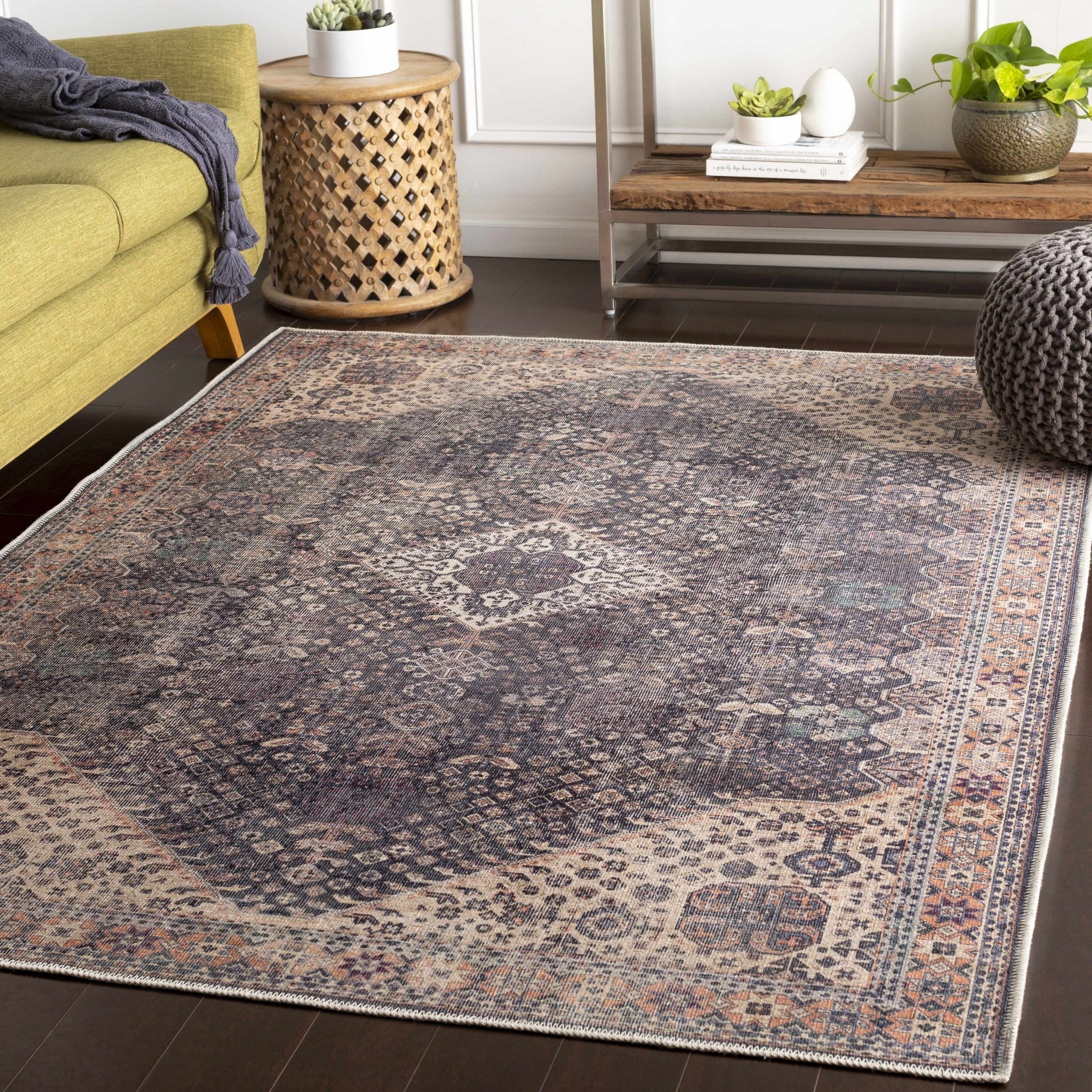 Antique Style and Traditional Design Beige, Dark Purple and Peach Washable Area Rug - Image 2